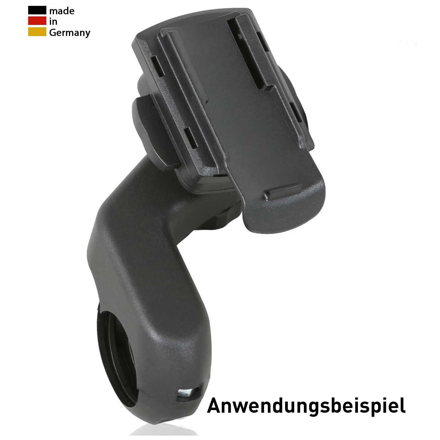 Schwarze Fahrrad-Telefonhalterung mit gebogenem Arm und Deutschlandflagge.