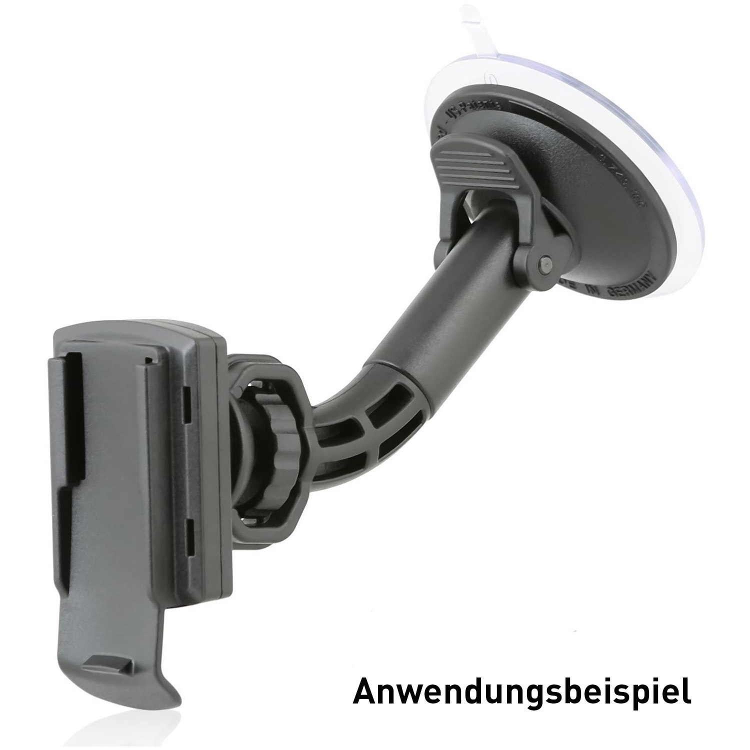 Schwarzer Autotelefonhalter mit Saugnapf. Text: 'Anwendungsbeispiel'.
