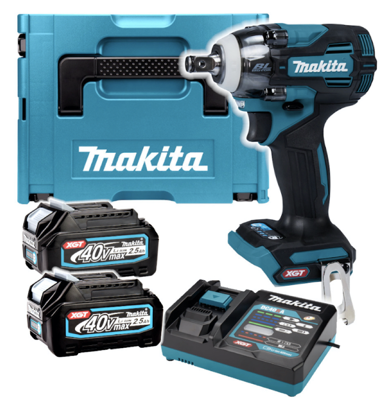 Kit de destornillador de impacto Makita con dos baterías y un cargador. Caja y herramientas turquesas. Fondo blanco.
