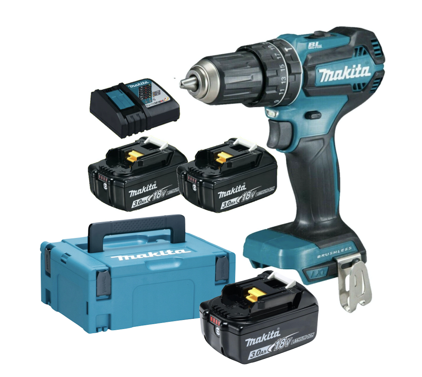 MAKITA DHP485RFJ + 3x Schlagbohrschrauber 3,0 + + Makpac Ladegerät