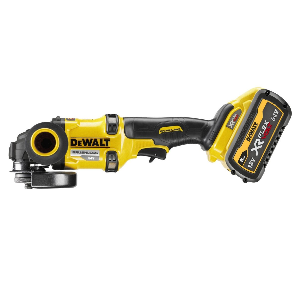 Meuleuse d'angle Dewalt jaune et noire avec batterie.