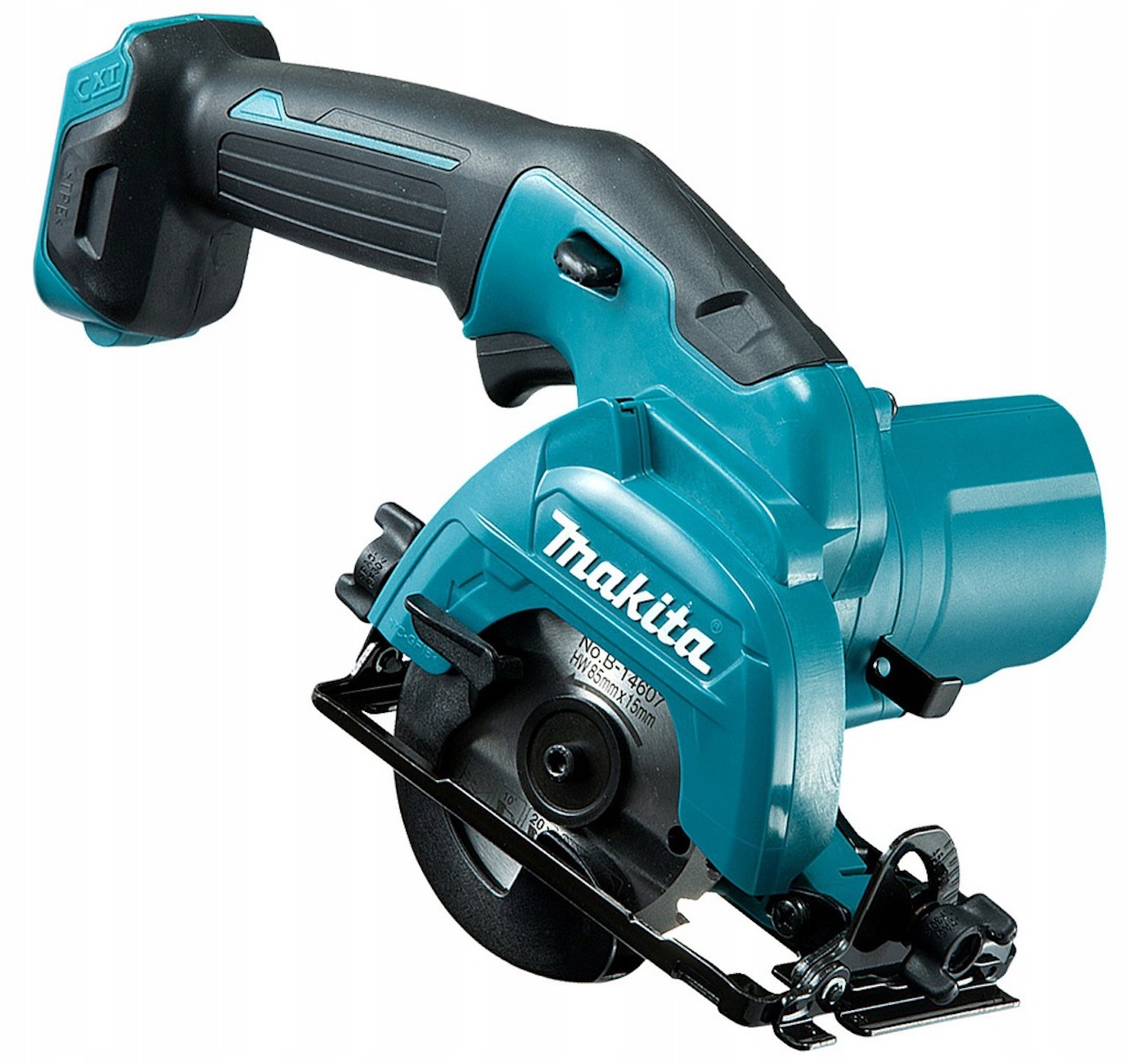 Türkis-schwarze Makita-Kreissäge auf weißem Hintergrund.
