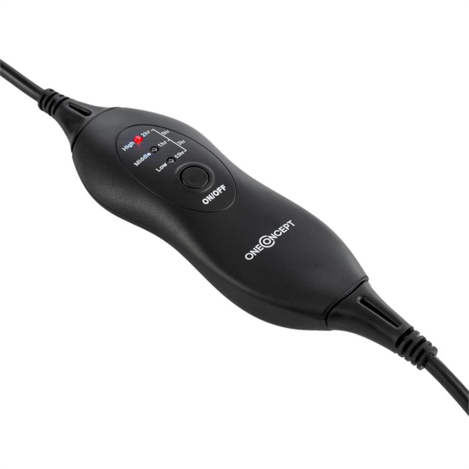 Schwarzer Heizkissen-Controller mit EIN/AUS- und Temperatureinstellungen.