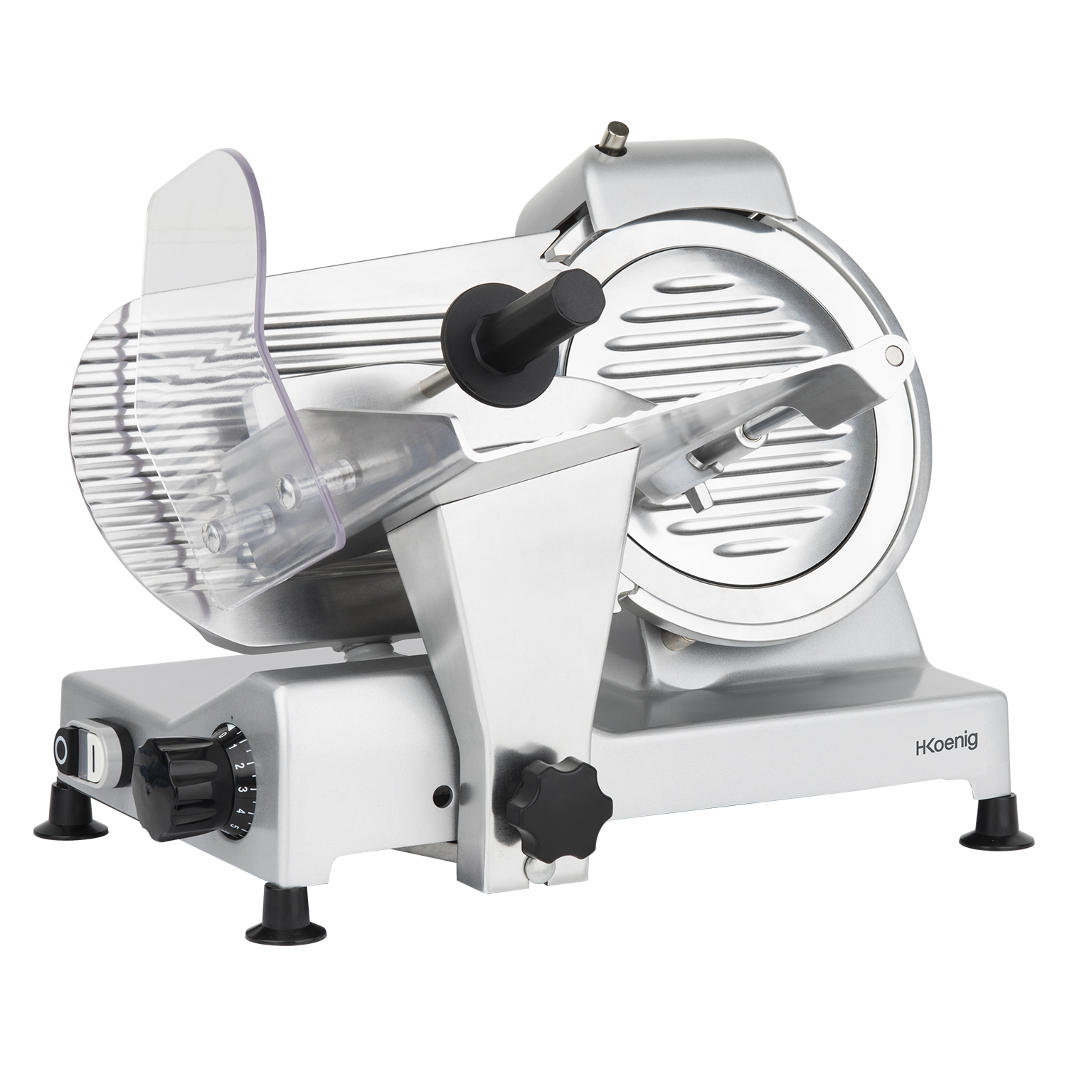 Srebrna krajalnica do mięsa z przezroczystą plastikową osłoną i czarnym uchwytem.