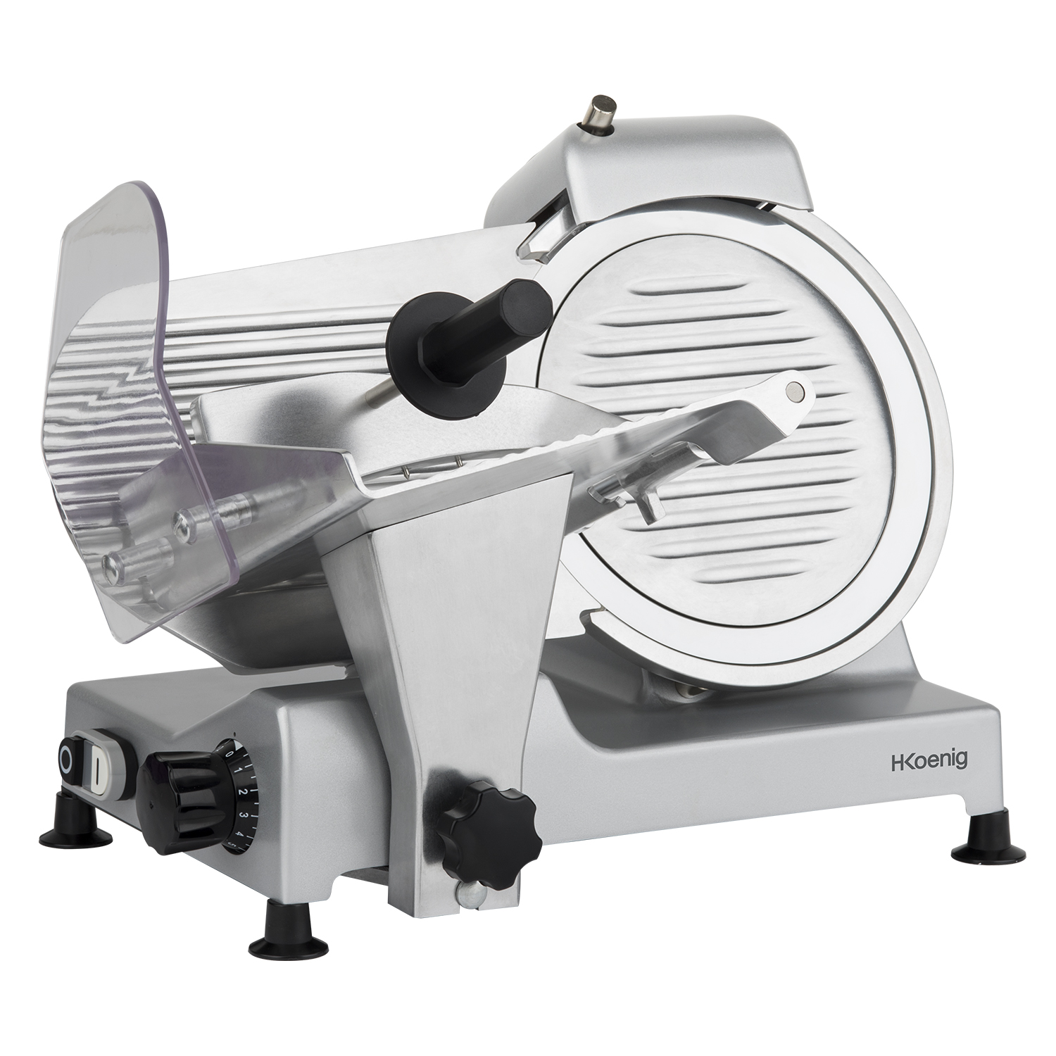 Srebrna krajalnica do mięsa z ostrzem i różnymi pokrętłami regulacyjnymi, na białym tle.