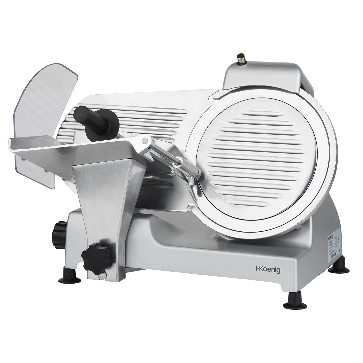 Srebrna krajalnica do mięsa na białym tle. Marka to HKoenig.
