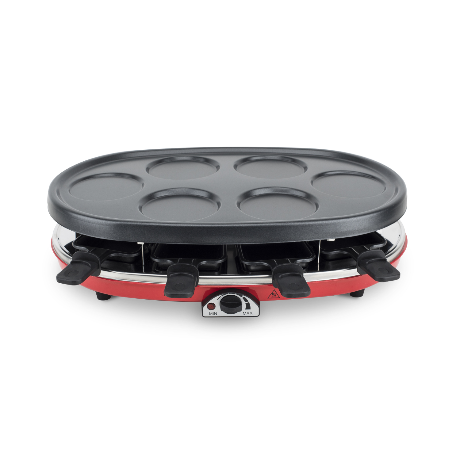 Czerwony grill do raclette z okrągłą powierzchnią do gotowania. Pokrętła na dole. Białe tło.