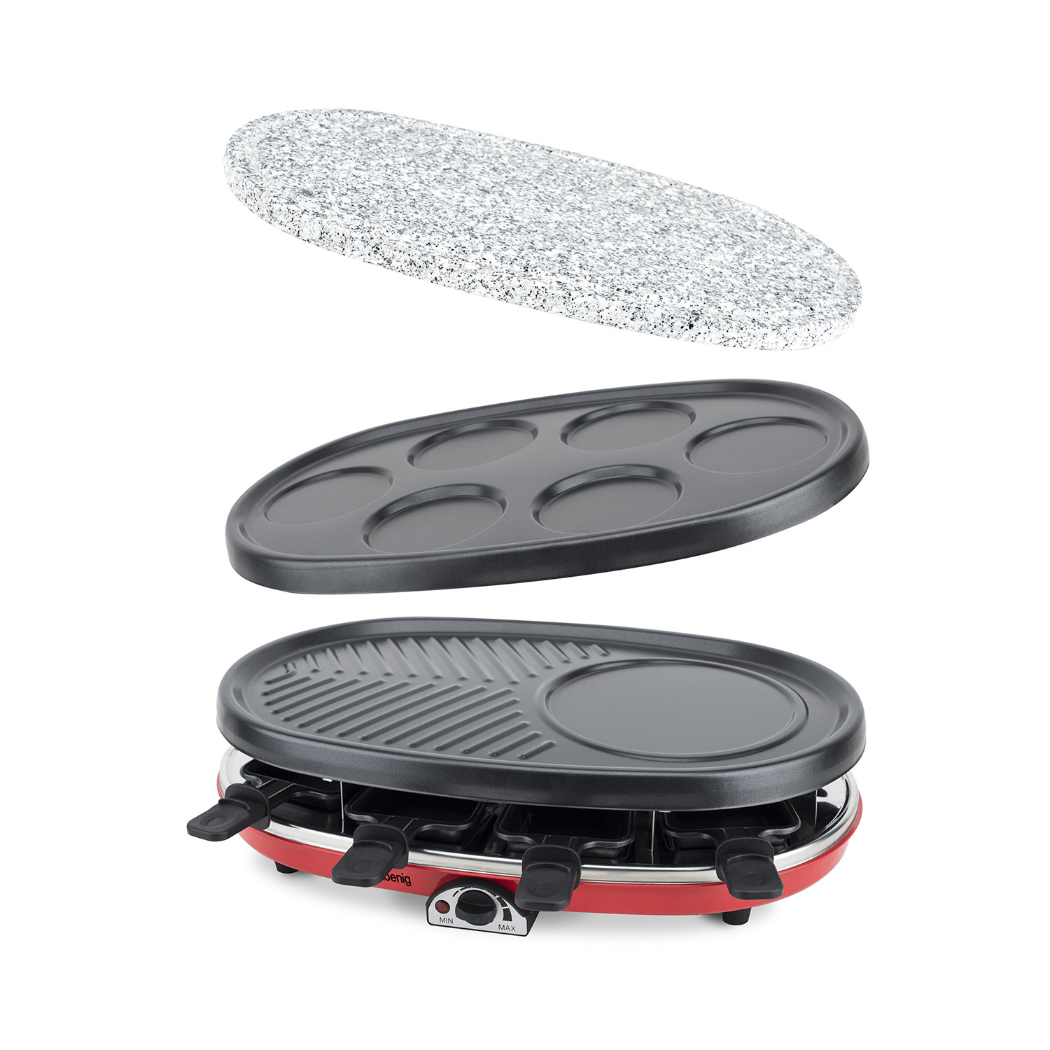 Grill do raclette z trzema częściami: kamień, płyta z otworami i czerwona podstawa z uchwytami.