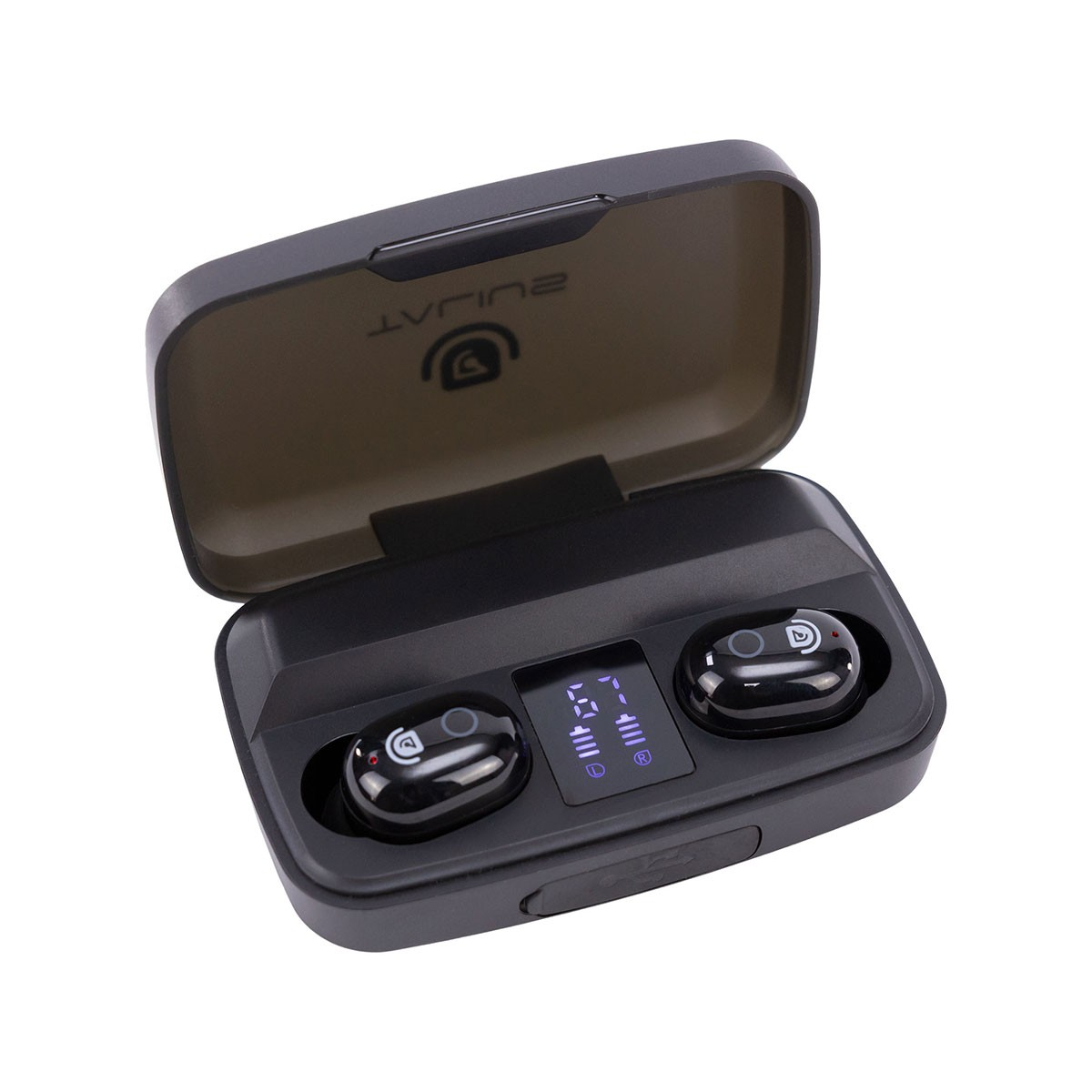 Auricolari wireless neri in un astuccio di ricarica. La custodia è aperta, mostrando gli auricolari.