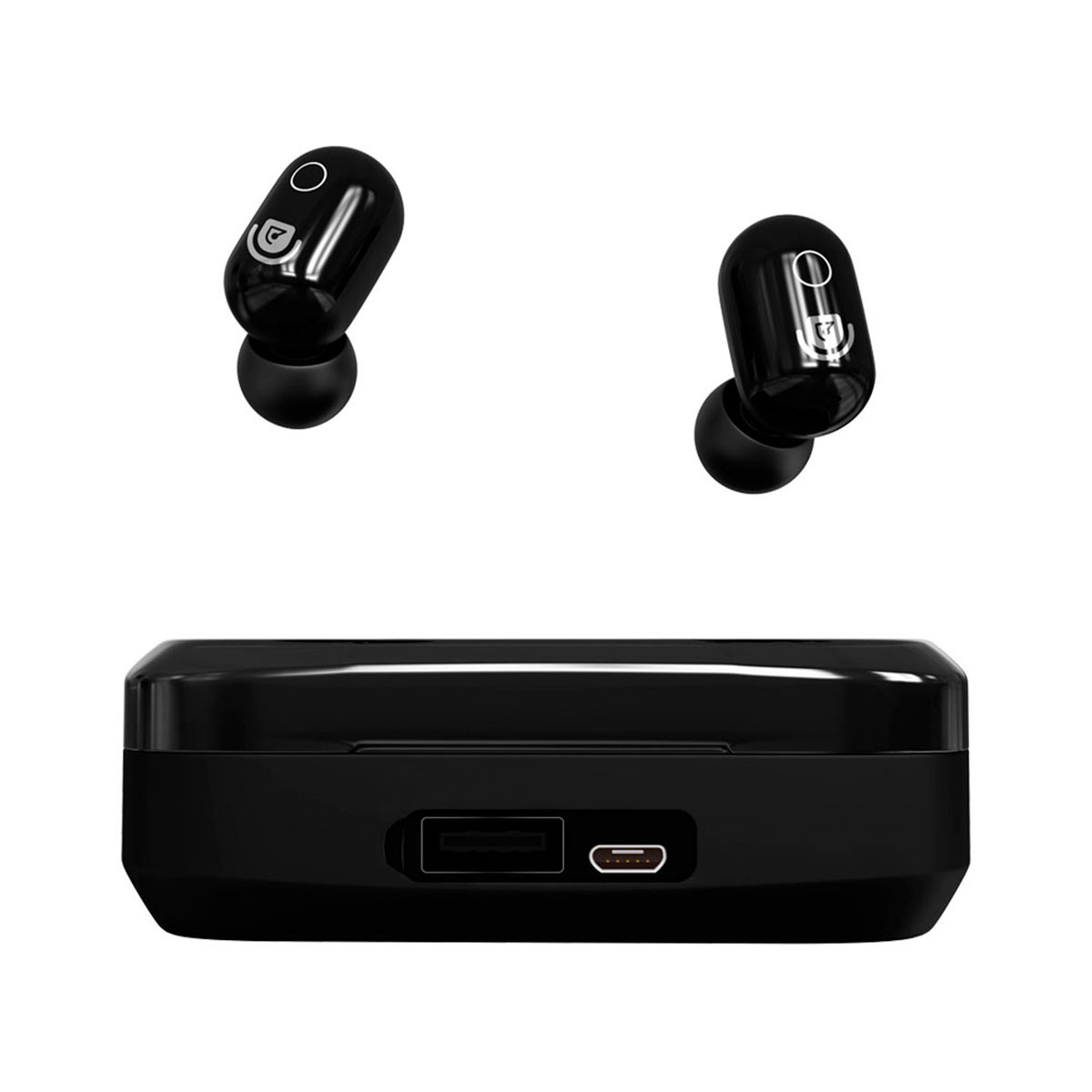 Auricolari neri e una custodia di ricarica nera, con una porta USB.
