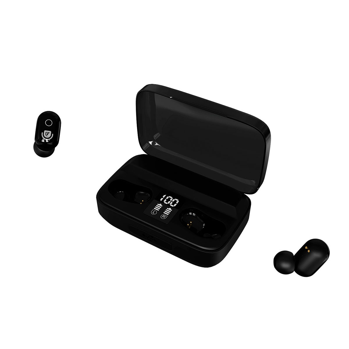 Auricolari wireless neri con custodia di ricarica, che mostrano lo stato di carica su sfondo bianco.
