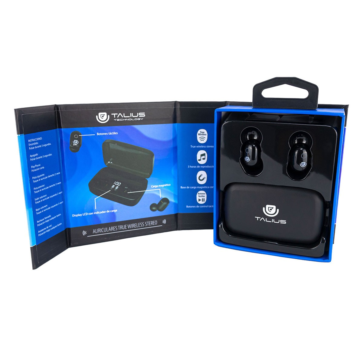 Auricolari true wireless neri in custodia di ricarica, in una scatola blu con istruzioni.