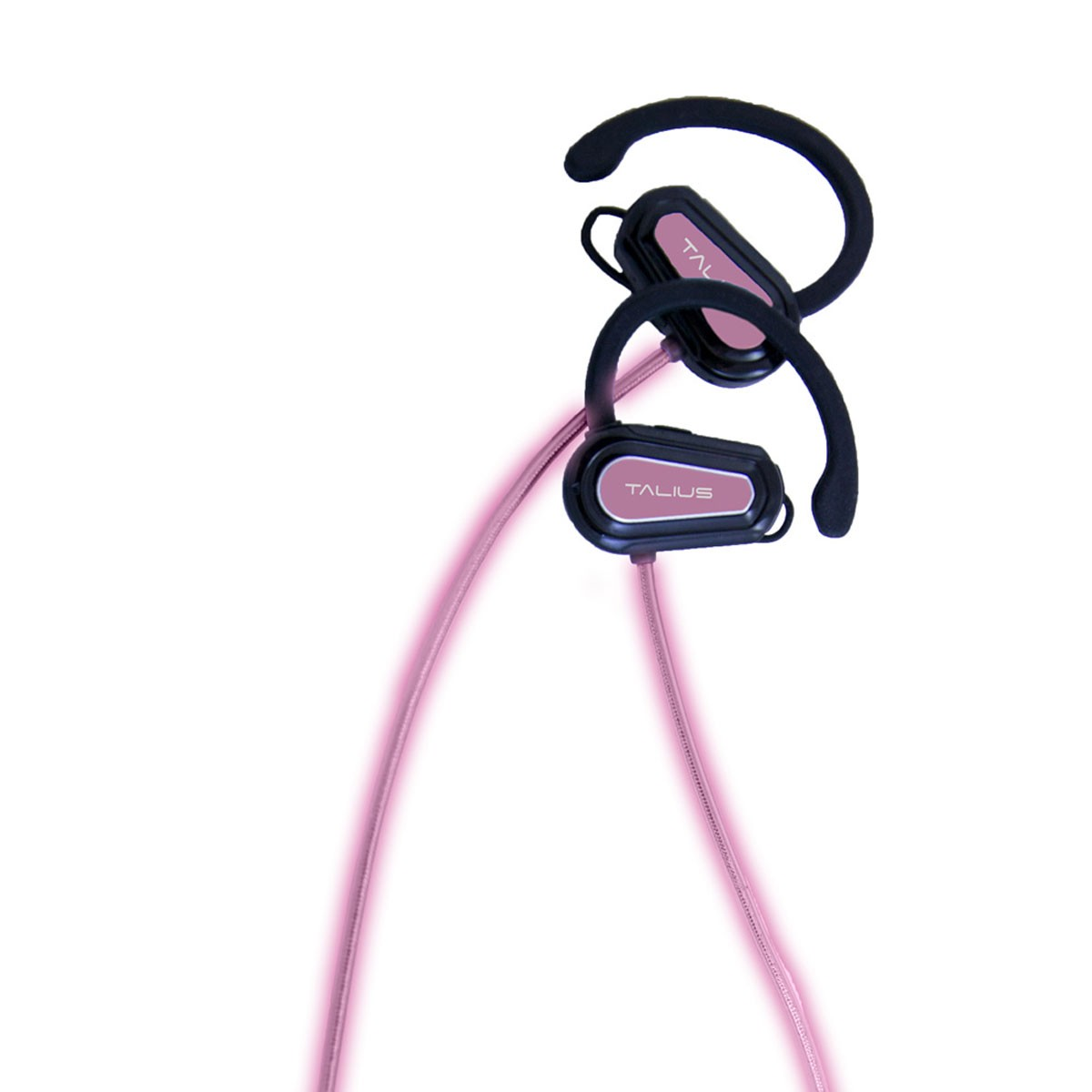 Różowe słuchawki bezprzewodowe. Czarne zaczepy na uszy z różowymi elementami.