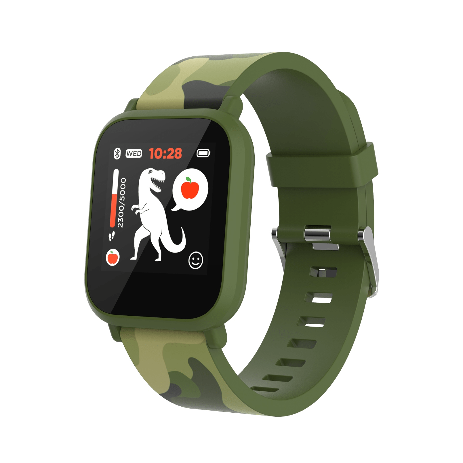 Reloj inteligente de camuflaje verde con una esfera cuadrada que muestra un dinosaurio y la hora 10:28.