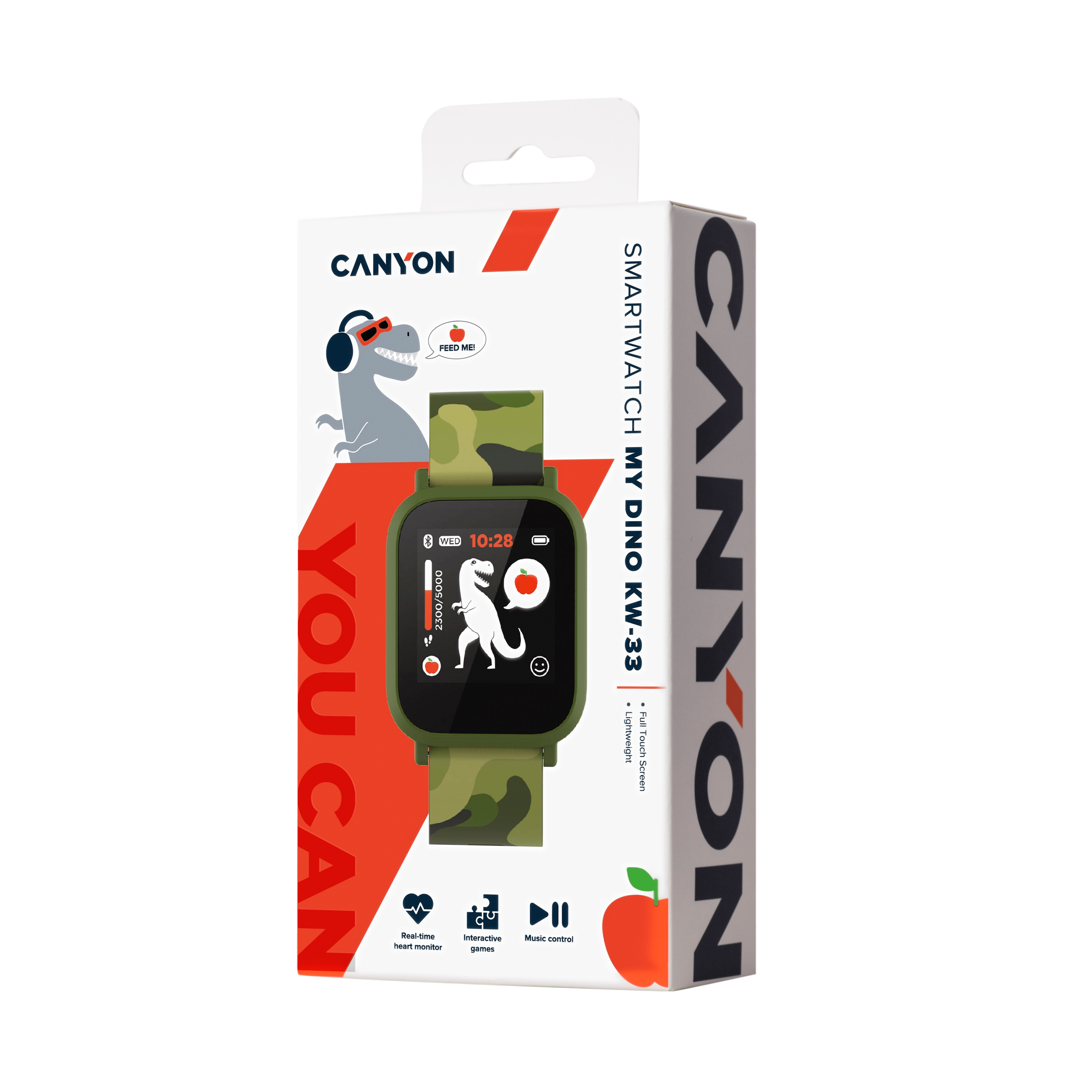 Caja de smartwatch Canyon, esfera camuflaje verde, gráfico de dinosaurio, fondo blanco.
