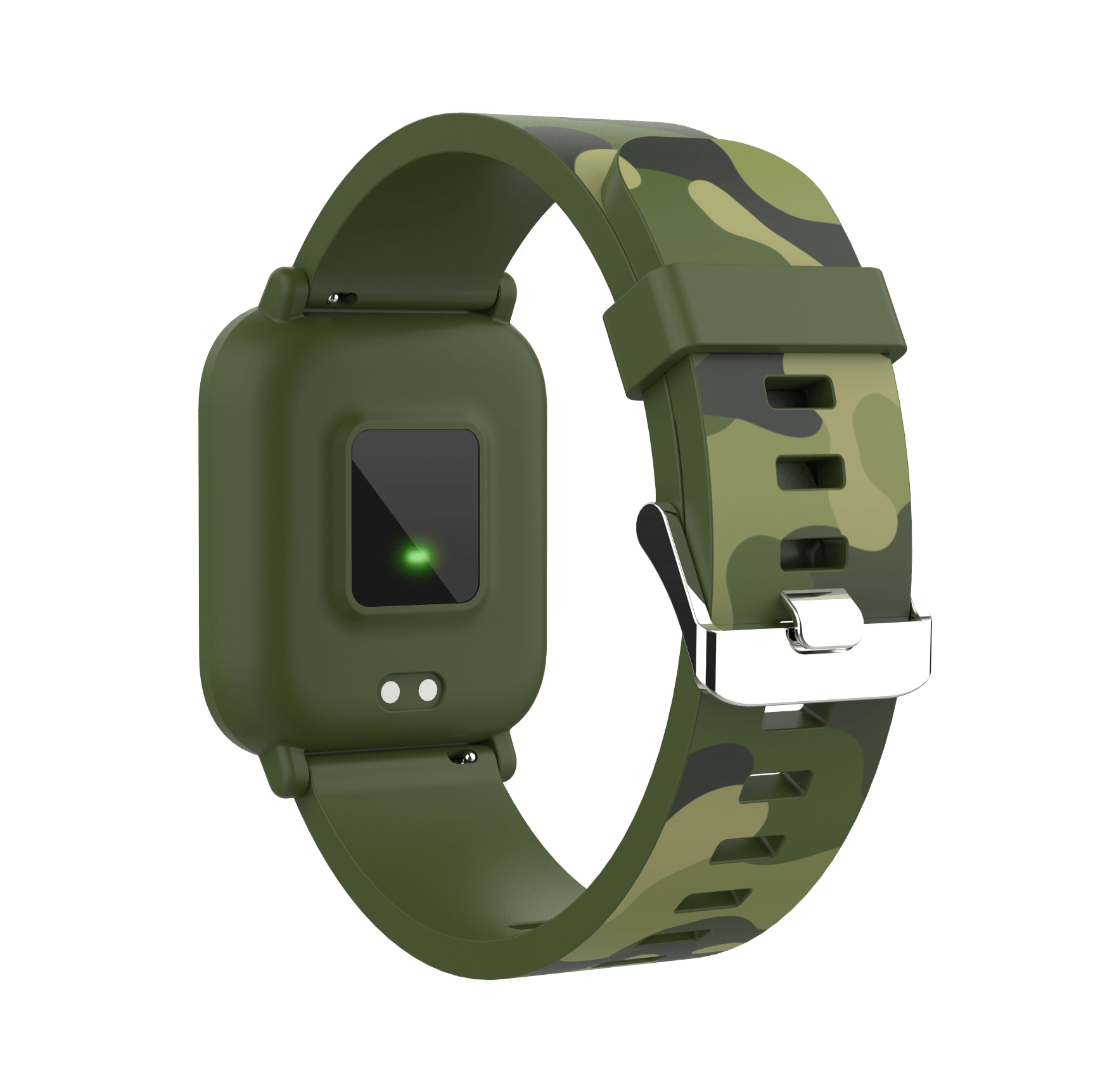 Reloj inteligente verde con correa de camuflaje. Una pantalla muestra una luz verde. Fondo blanco.