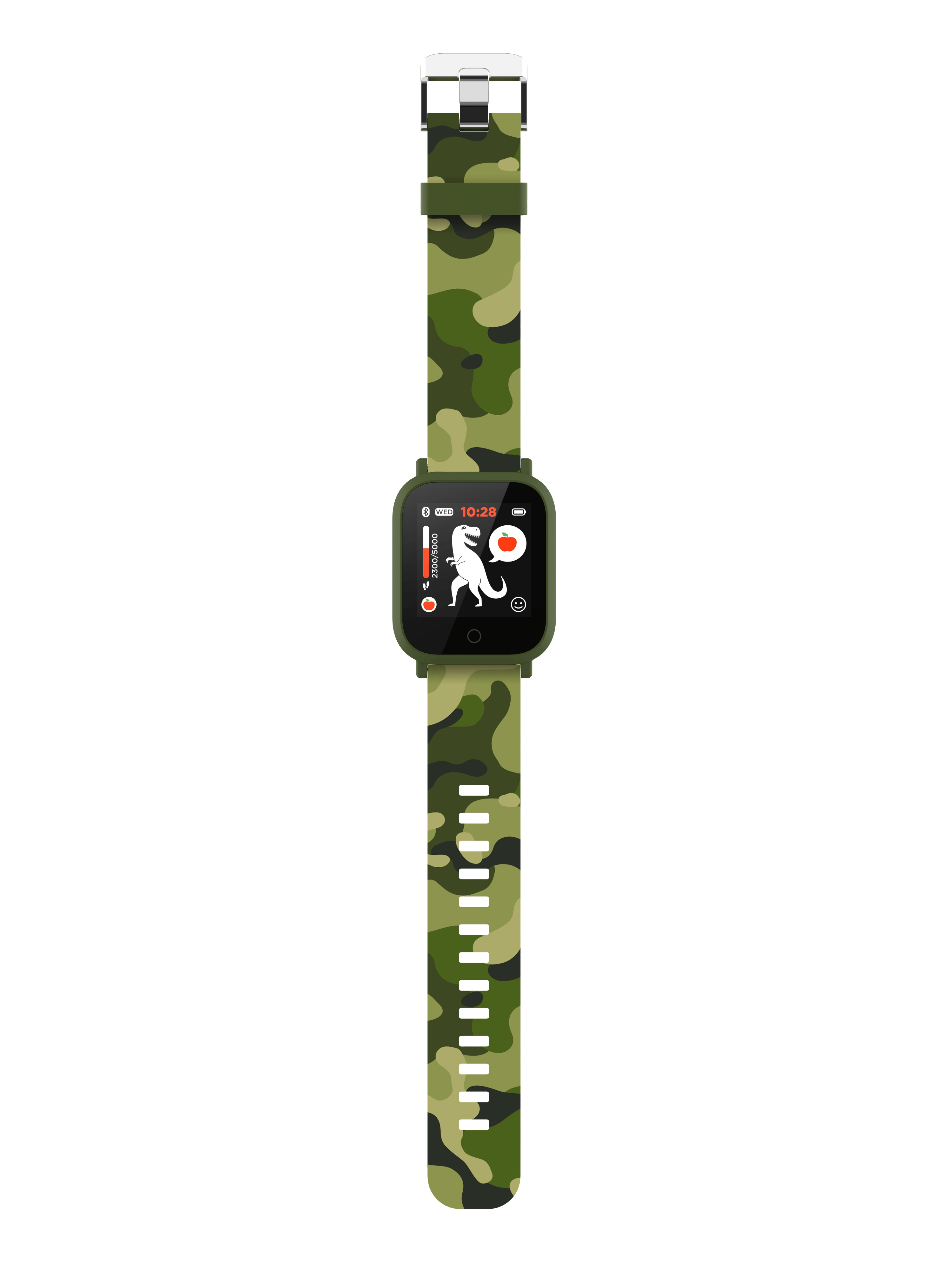 Smartwatch camuflaje, verde, negro, fondo blanco.