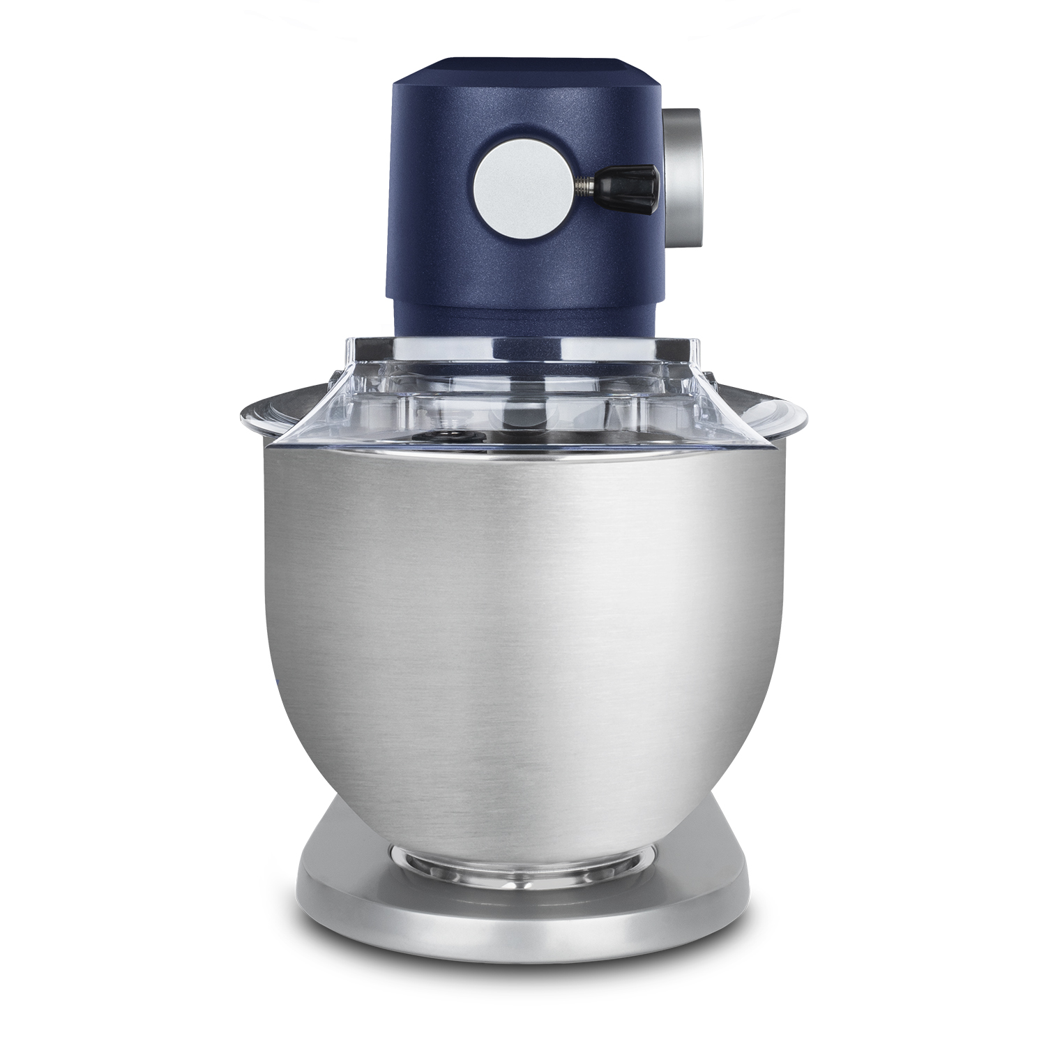 Un robot da cucina in acciaio inox argentato con parte superiore blu, coperchio trasparente e ciotola.
