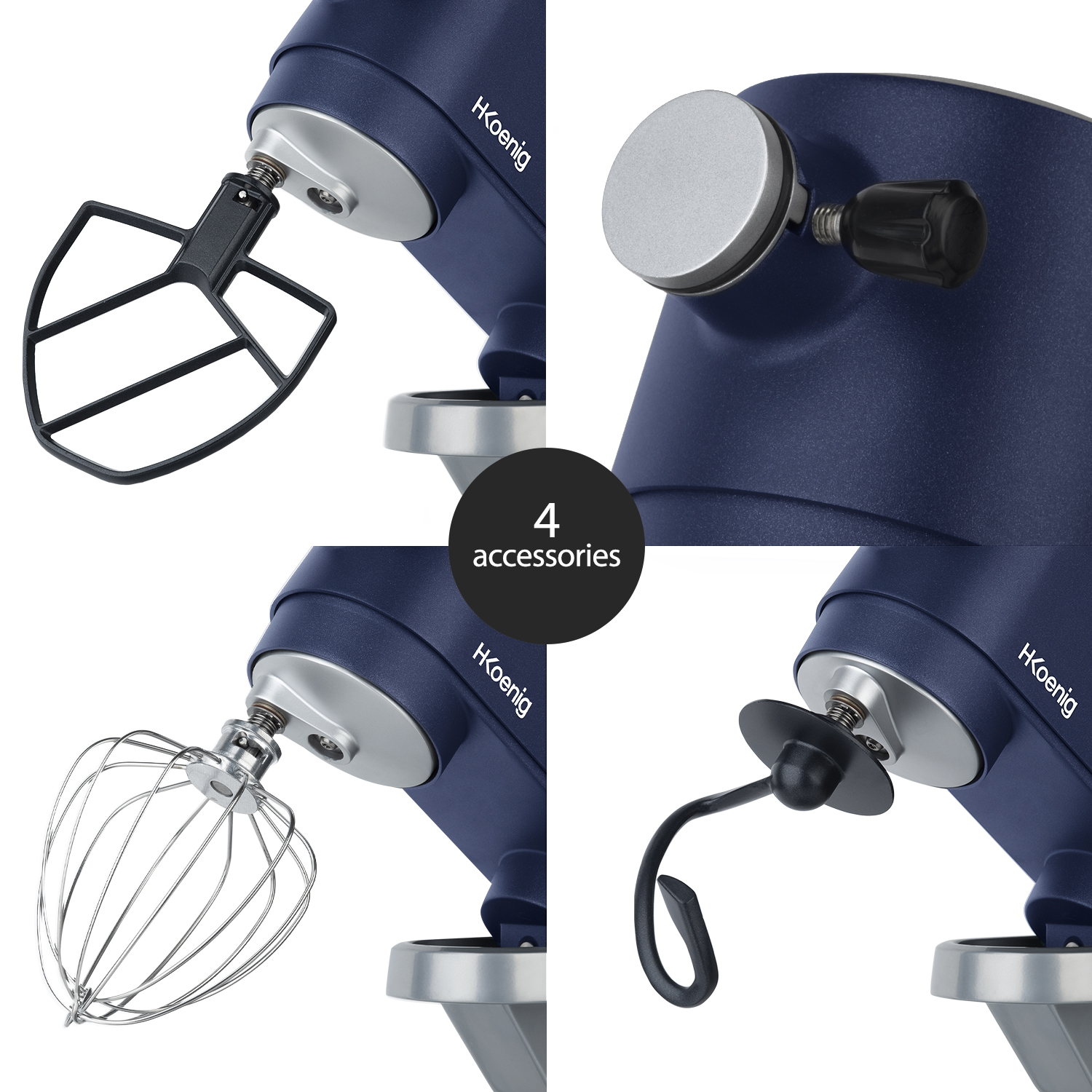 Quattro immagini che mostrano accessori per mixer. Corpo del mixer blu con frusta, frusta e gancio impastatore.