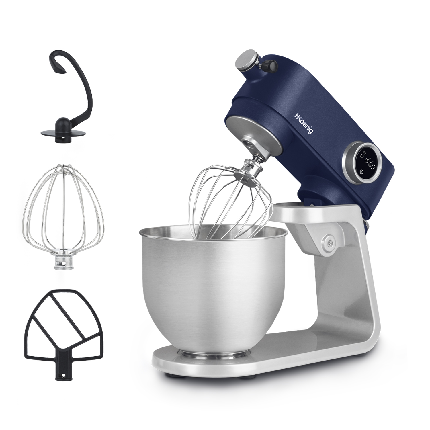 Impastatrice blu con accessori: frusta, gancio impastatore e frusta piatta.