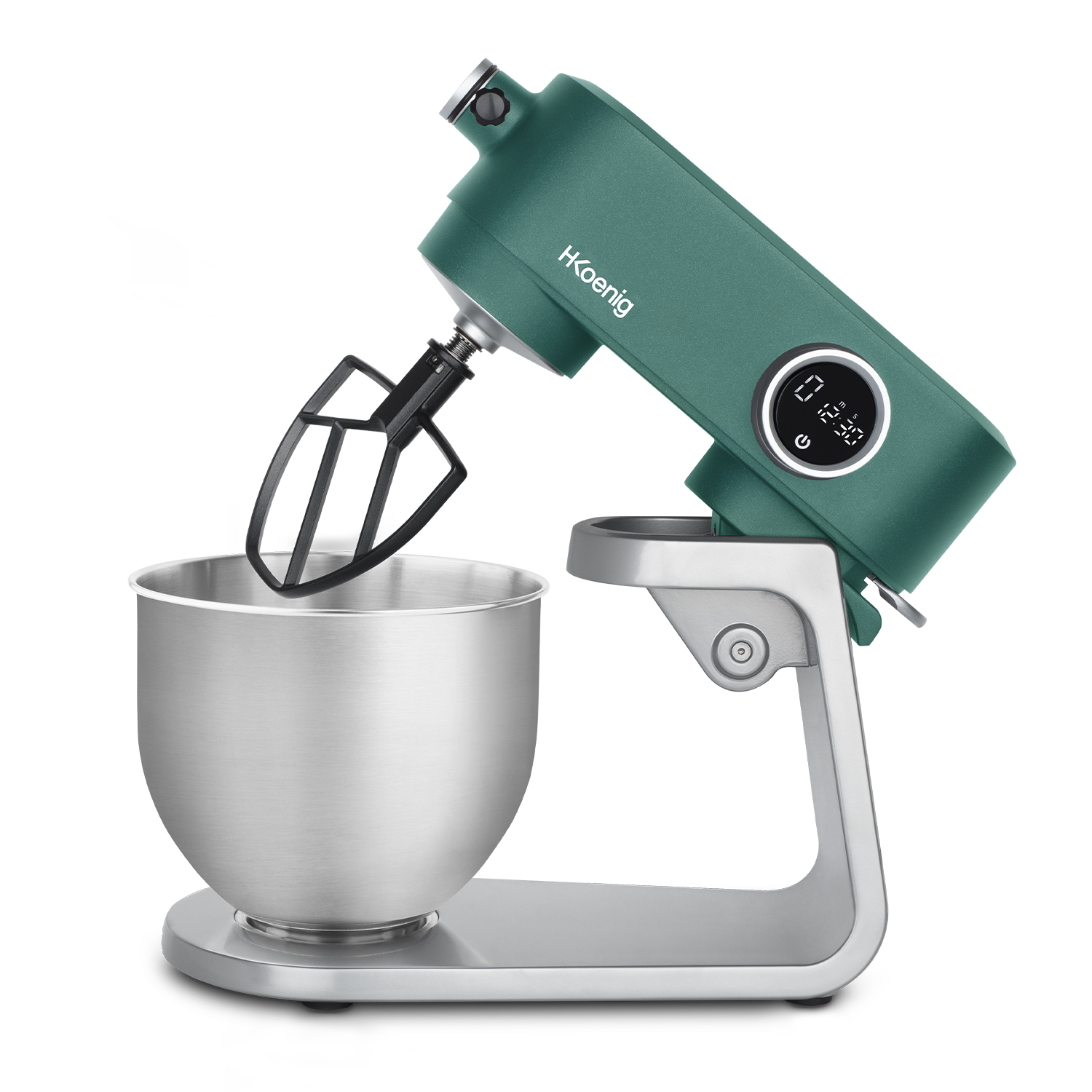 Robot da cucina verde con una ciotola in acciaio inossidabile e un accessorio sbattitore nero. Sfondo bianco.