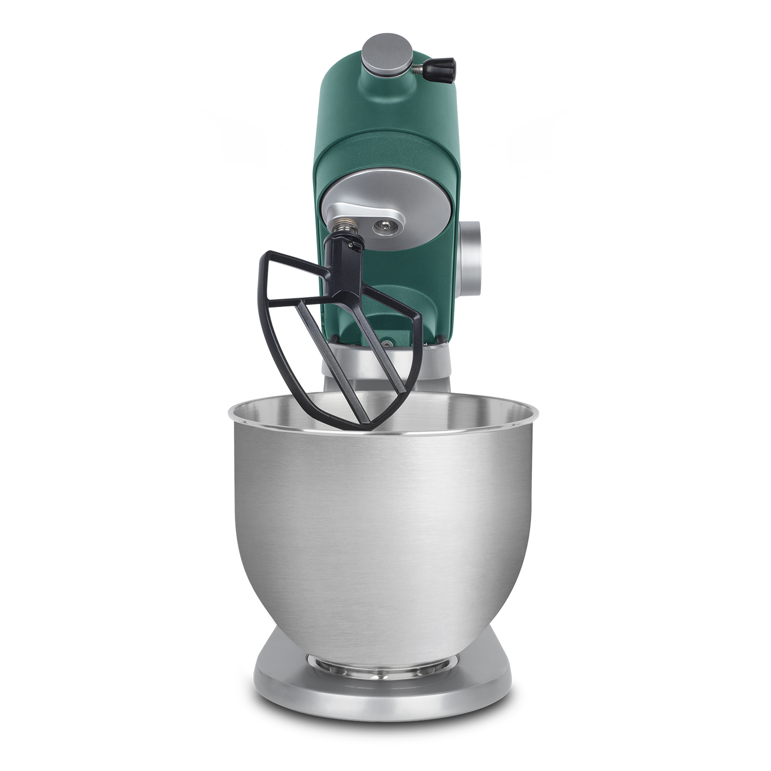 Un robot da cucina verde con una ciotola in acciaio inox e una frusta nera.