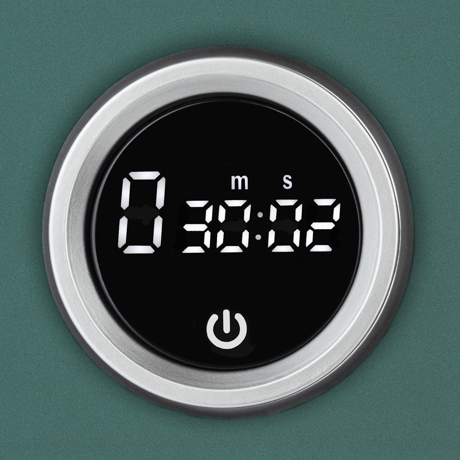 Timer digitale con display che mostra l'ora e un pulsante di accensione.