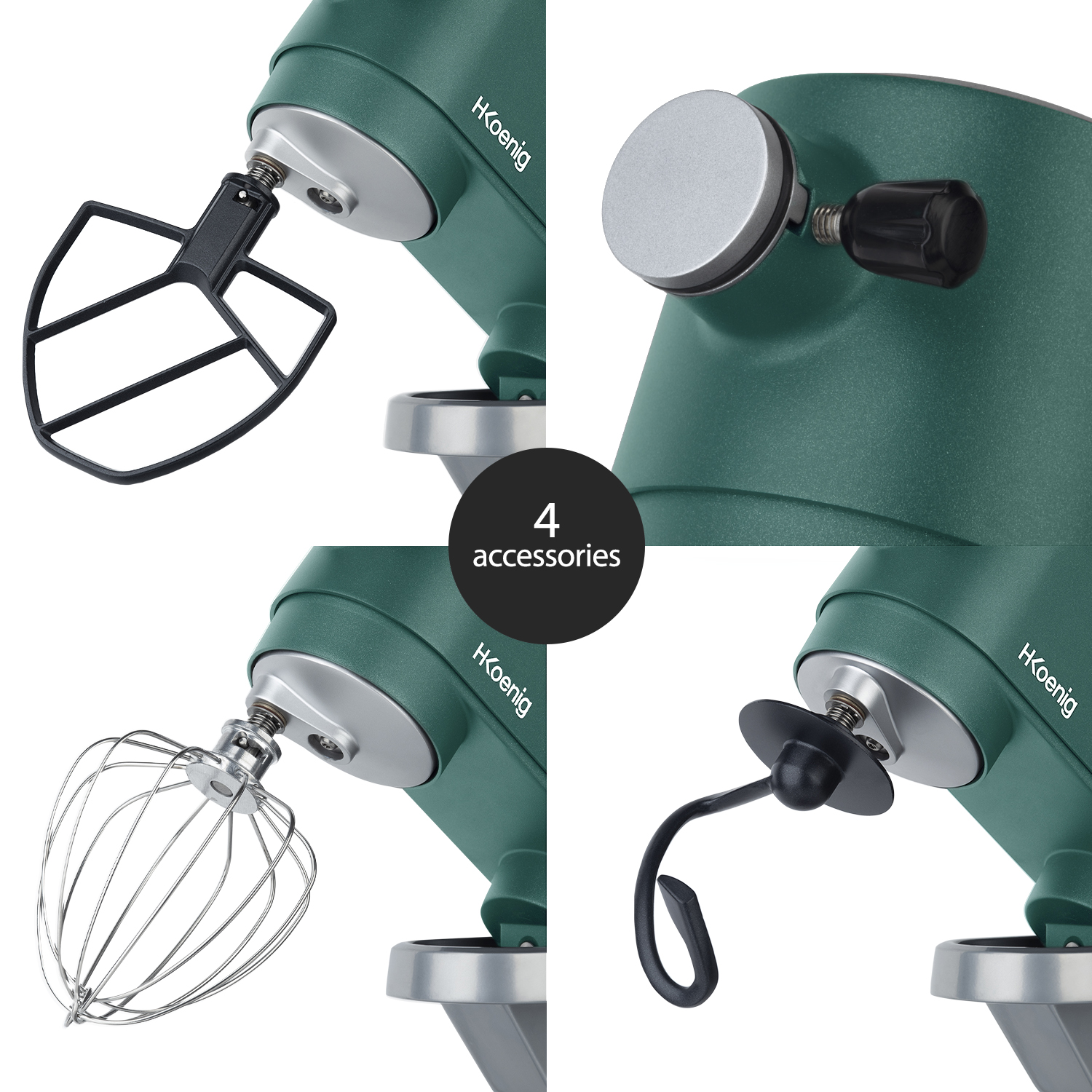 Quattro accessori per mixer: gancio impastatore, frusta a filo, frusta e lama per impasti, con mixer verde.