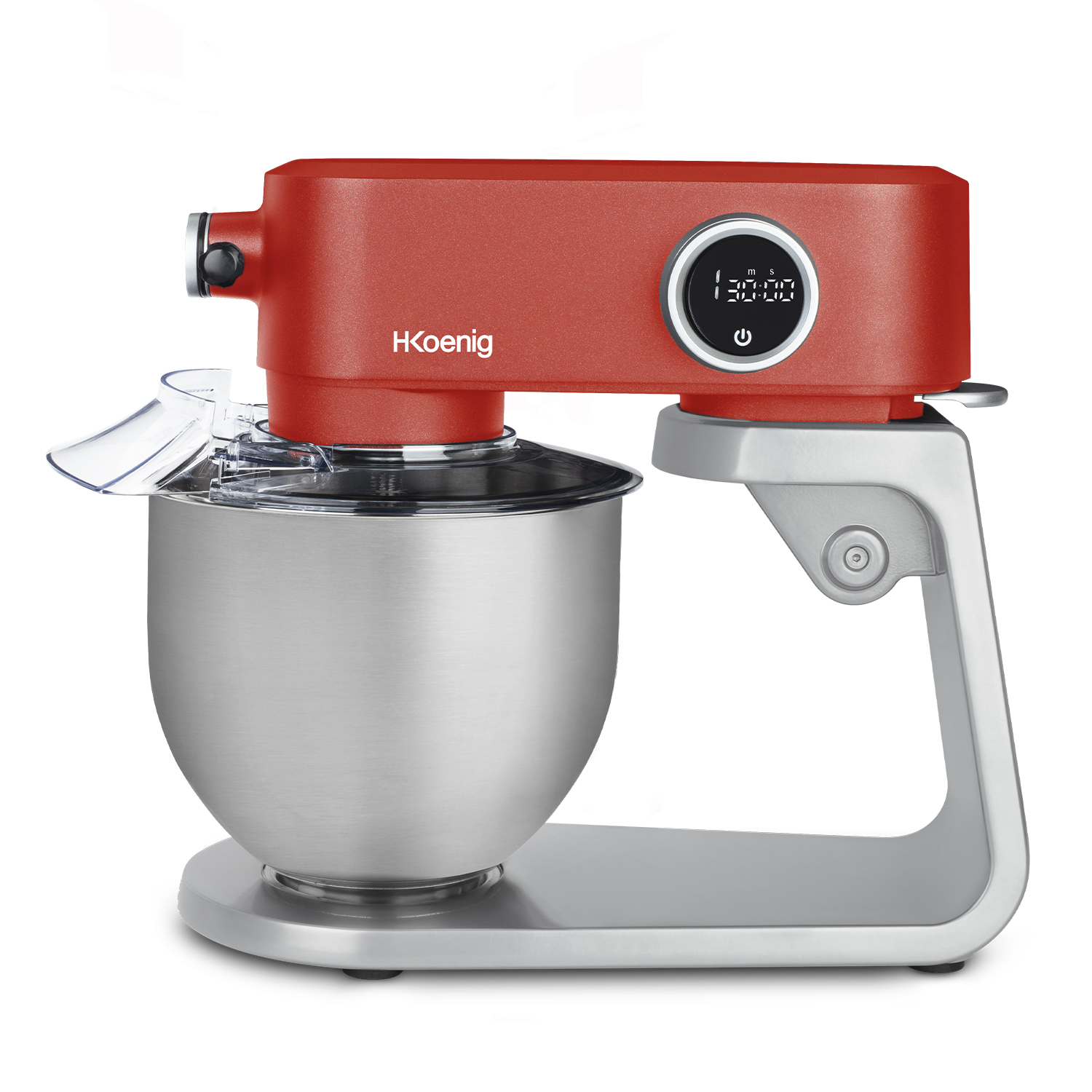 Un robot da cucina rosso con ciotola in acciaio inox, display digitale e coperchio trasparente.