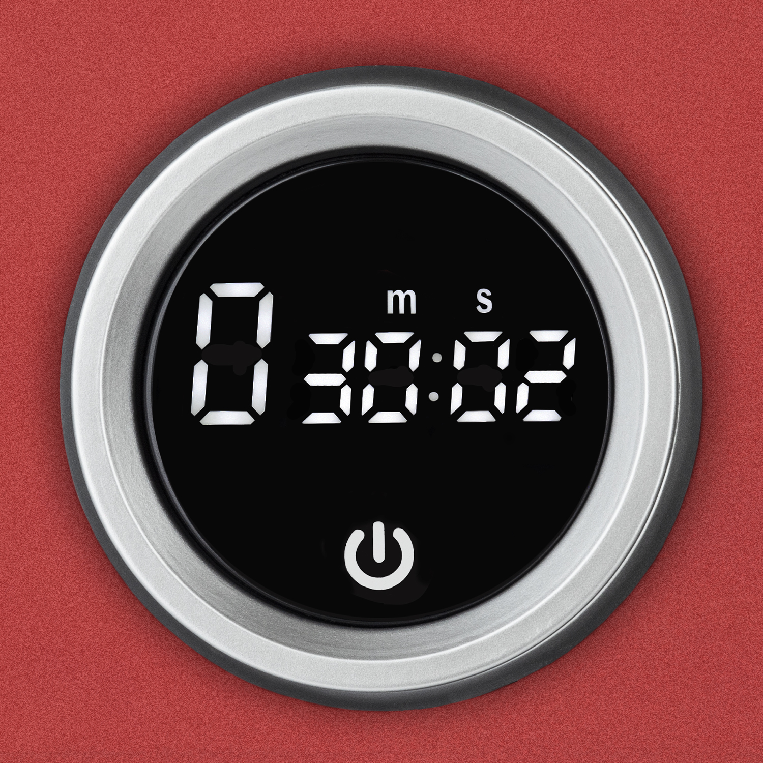 Timer da cucina digitale su sfondo rosso, che mostra 0:30:02 con un pulsante di accensione.