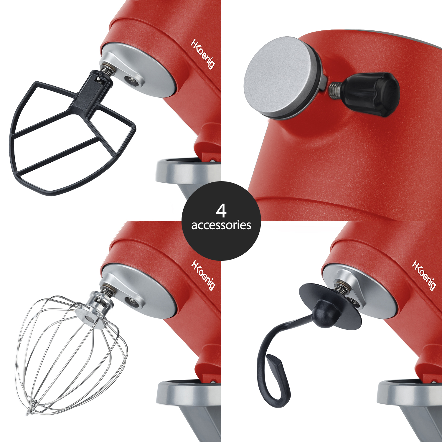 Impastatrice rossa con quattro accessori: frusta, frusta a filo, gancio impastatore.