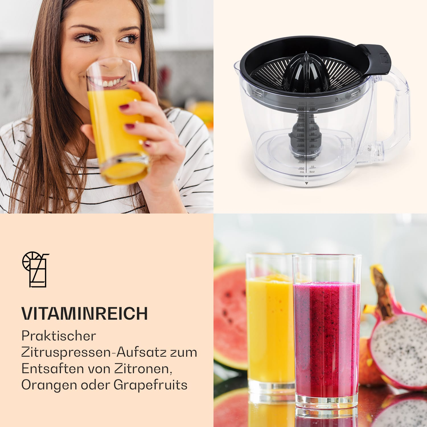 Frau trinkt Saft, neben einer Saftpresse und Gläsern Saft, mit Text: Vitaminreich, Zitronen.
