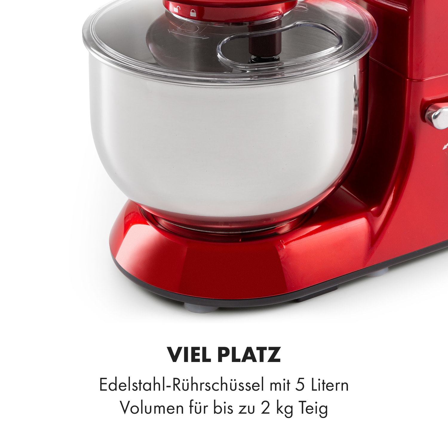 Roter Küchenmixer mit Edelstahl-Schüssel und Text.