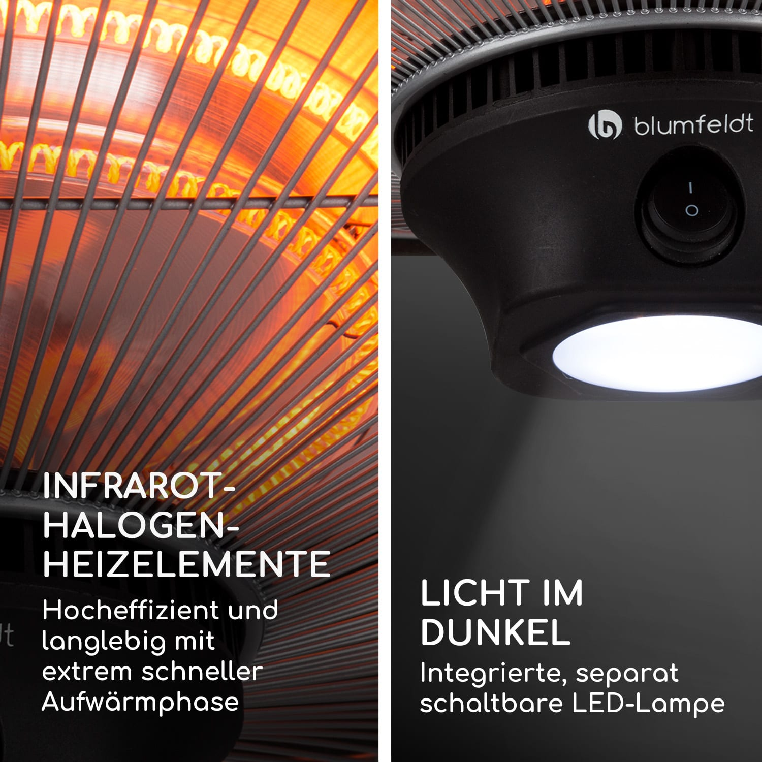 Infrarot-Heizelemente links und ein blumfeldt-Heizgerät mit Licht rechts.