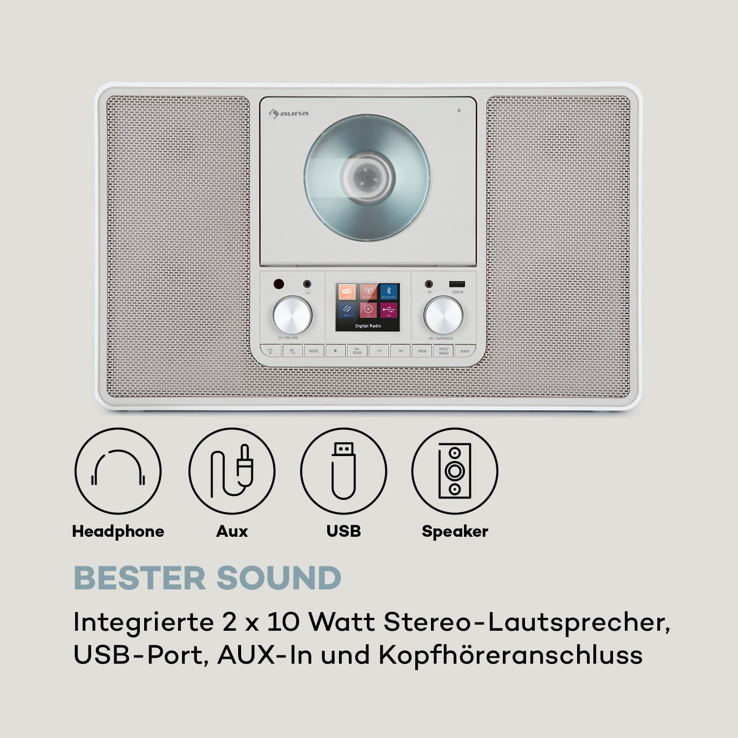 Weißes Digitalradio mit CD-Player, Bildschirm und Bedienelementen, mit Text: Bester Sound.