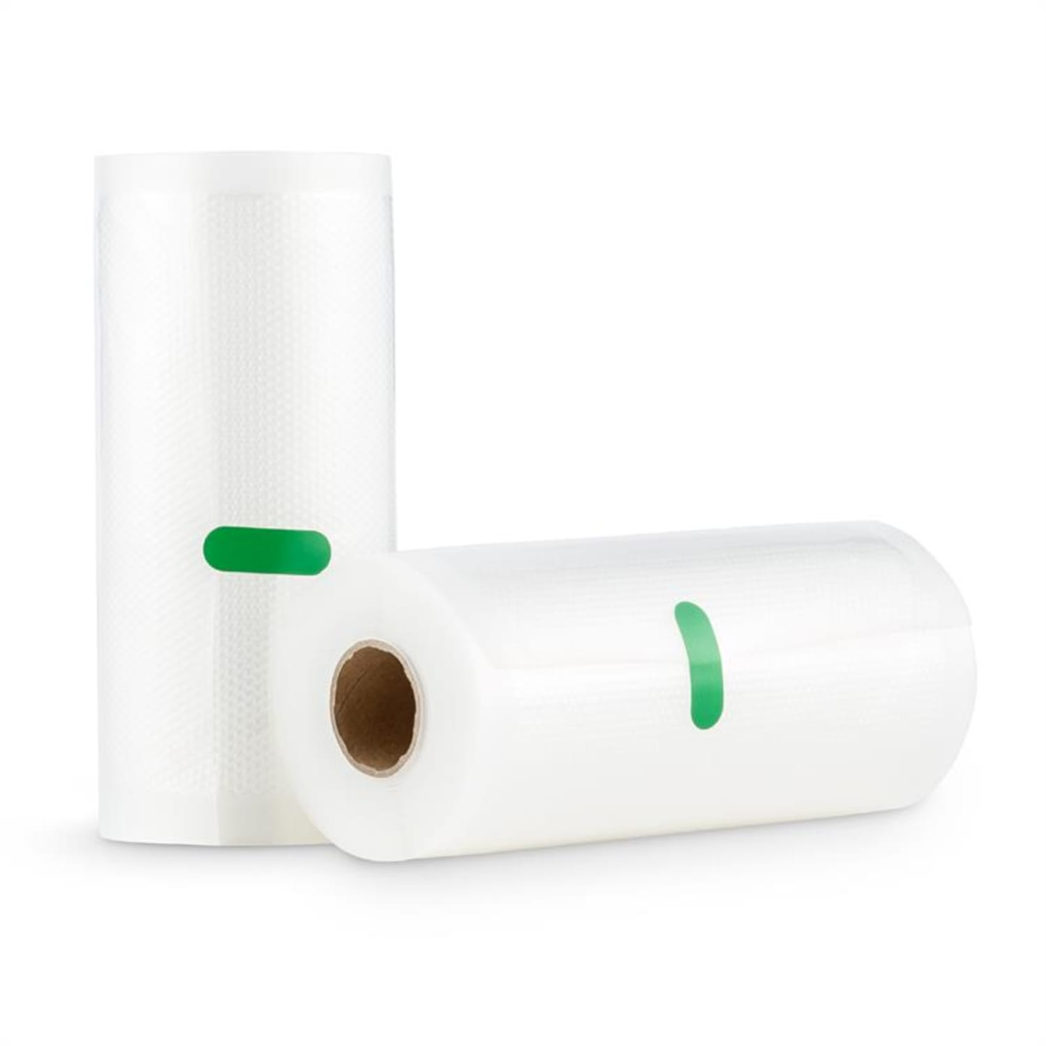 Due rotoli di sacchetti sottovuoto, uno strutturato, l'altro trasparente, su sfondo bianco.