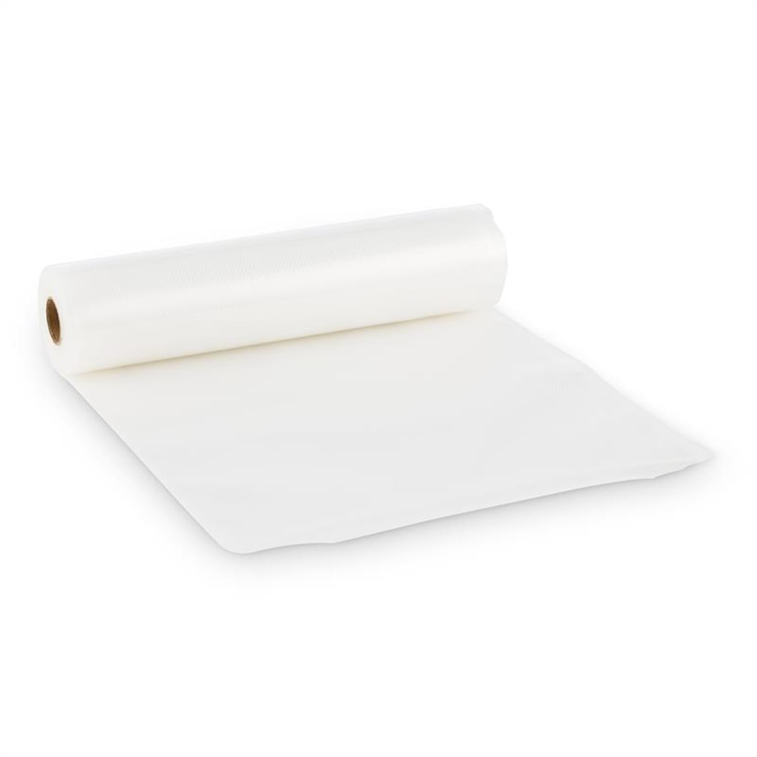 Eine Rolle weiße Plastikfolie, die auf einer weißen Oberfläche abgerollt ist.
