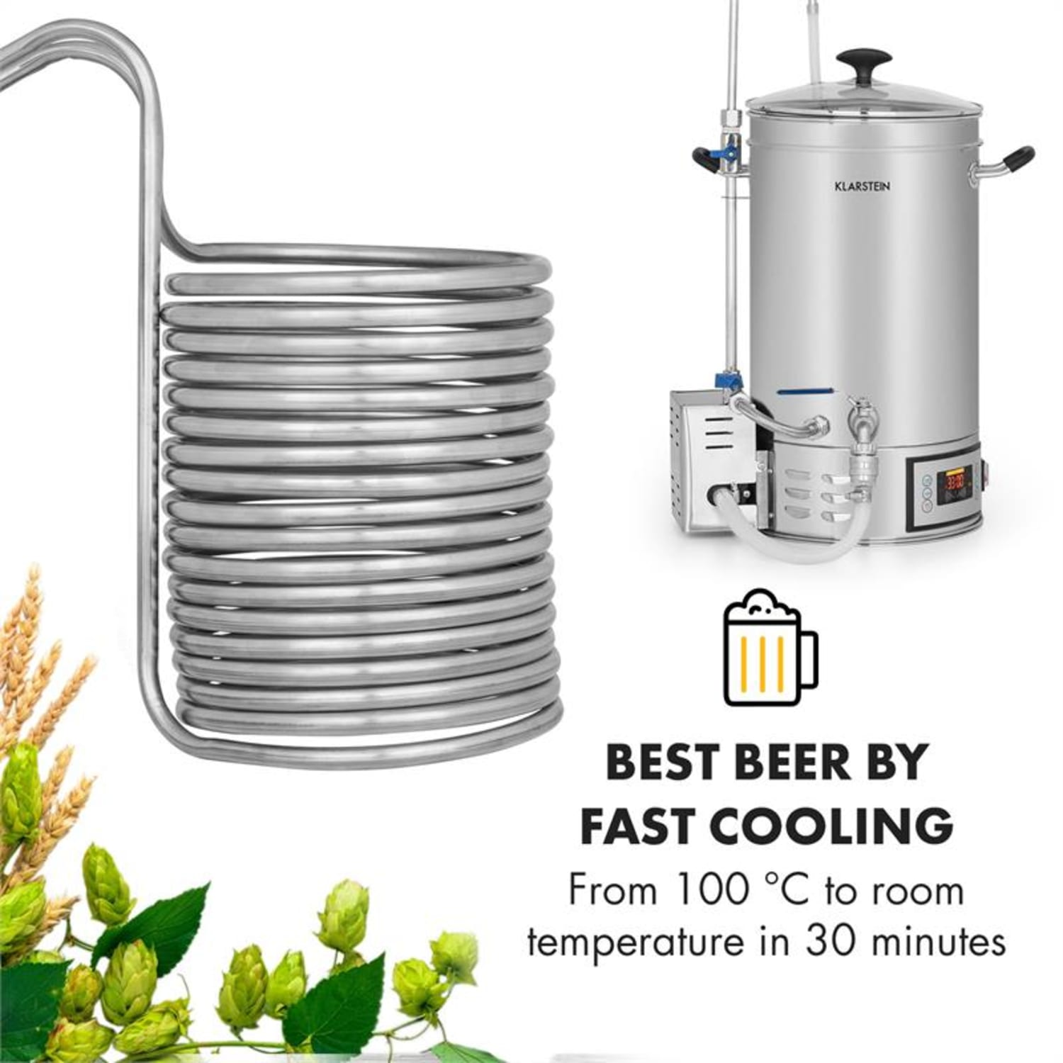 Ein Brausystem mit Text: Bestes Bier durch schnelles Abkühlen. Von 100 °C auf Raumtemperatur in 30 Minuten.