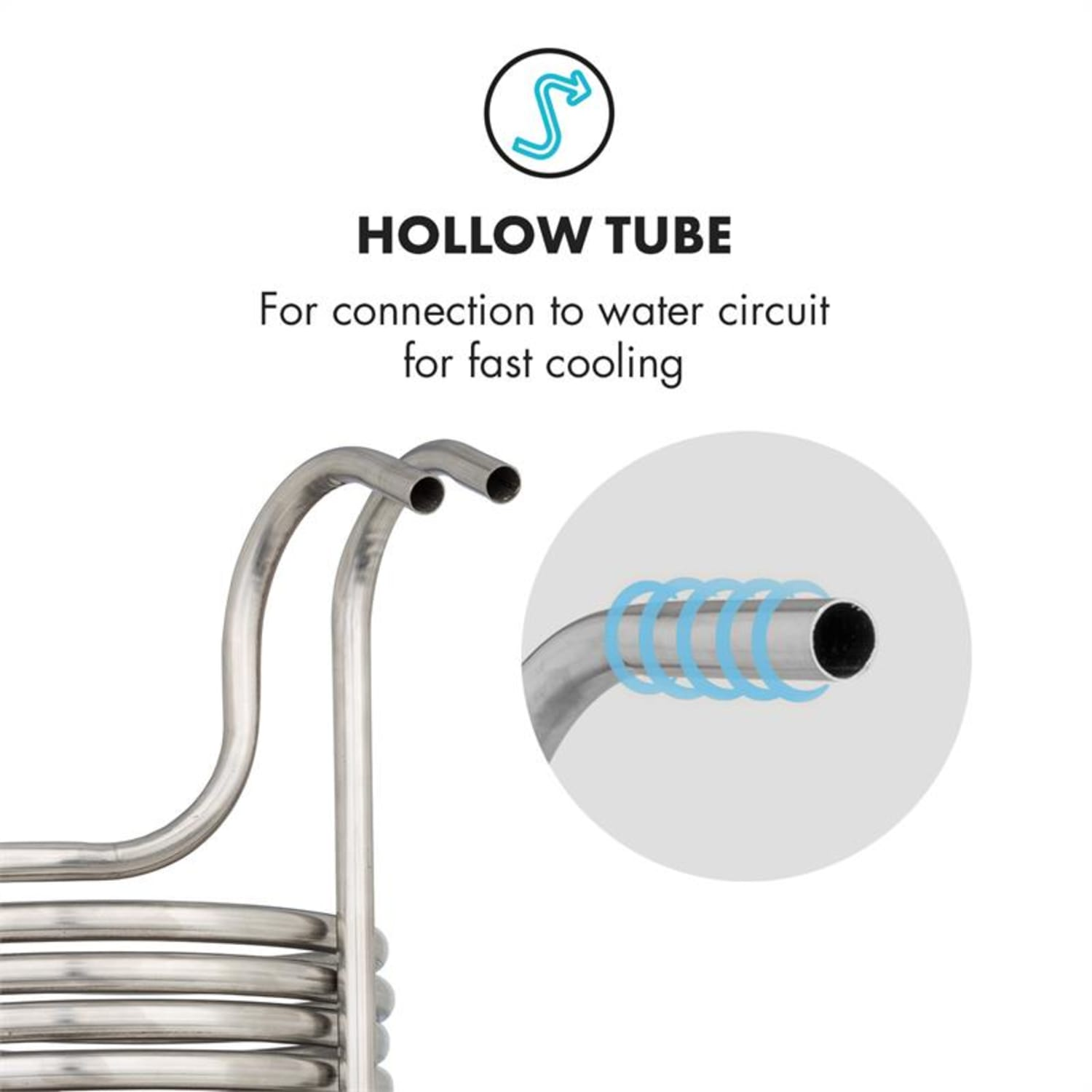Gebogenes Metallrohr mit kleinerem Rohr. Zeigt Wasserflussrichtungen.