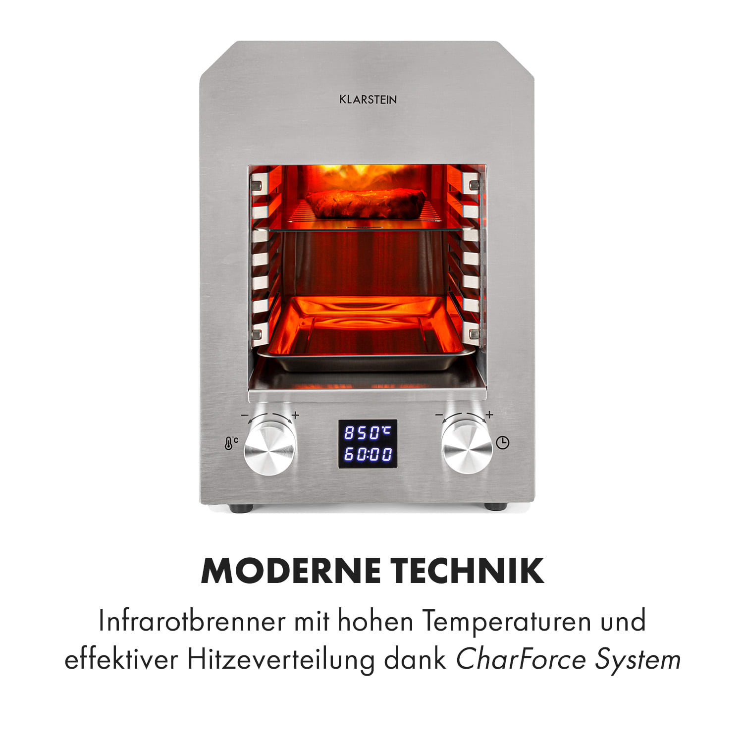 Edelstahlofen mit Display und Bedienelementen.
