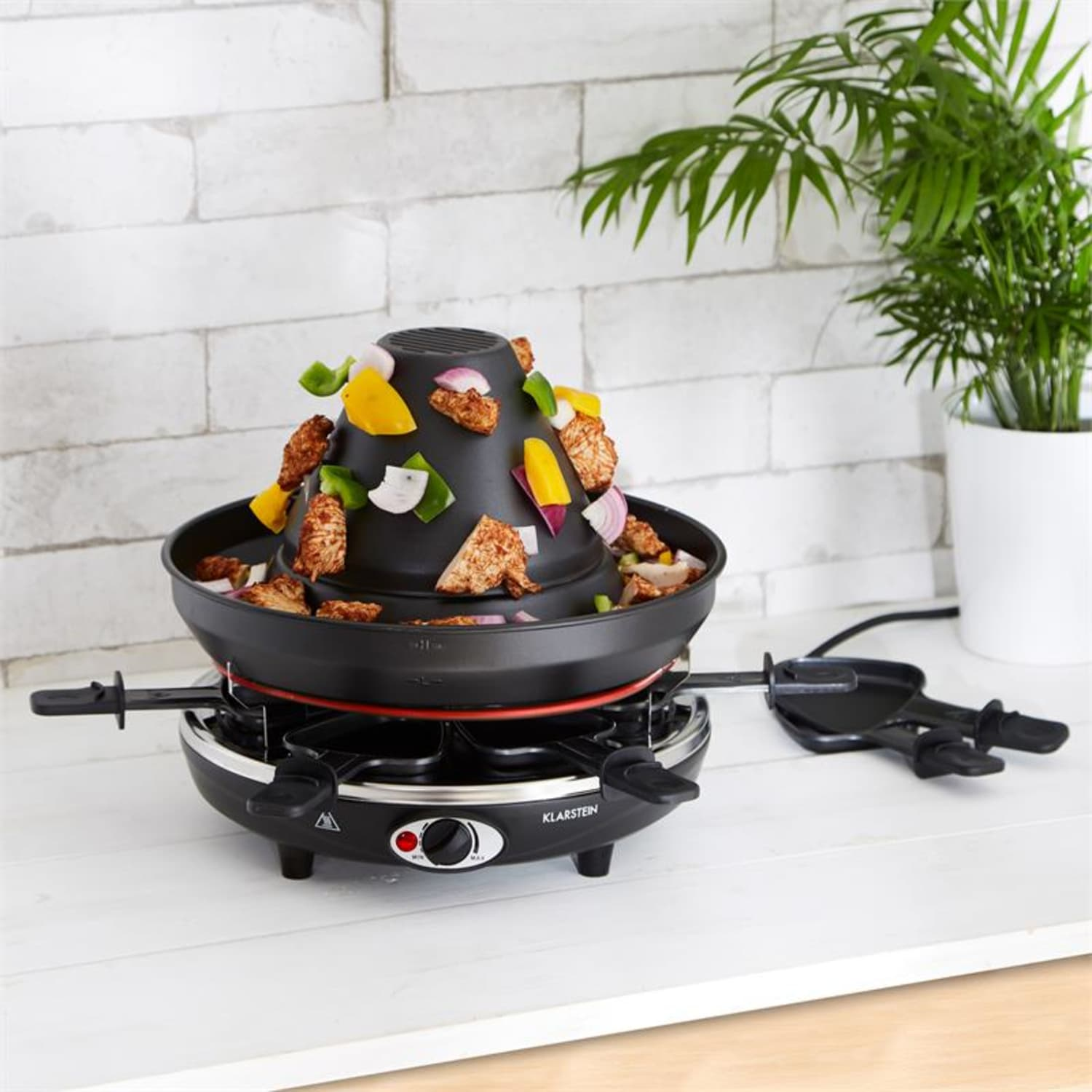 Ein Raclette-Grill mit Essen, rechts eine Pflanze.