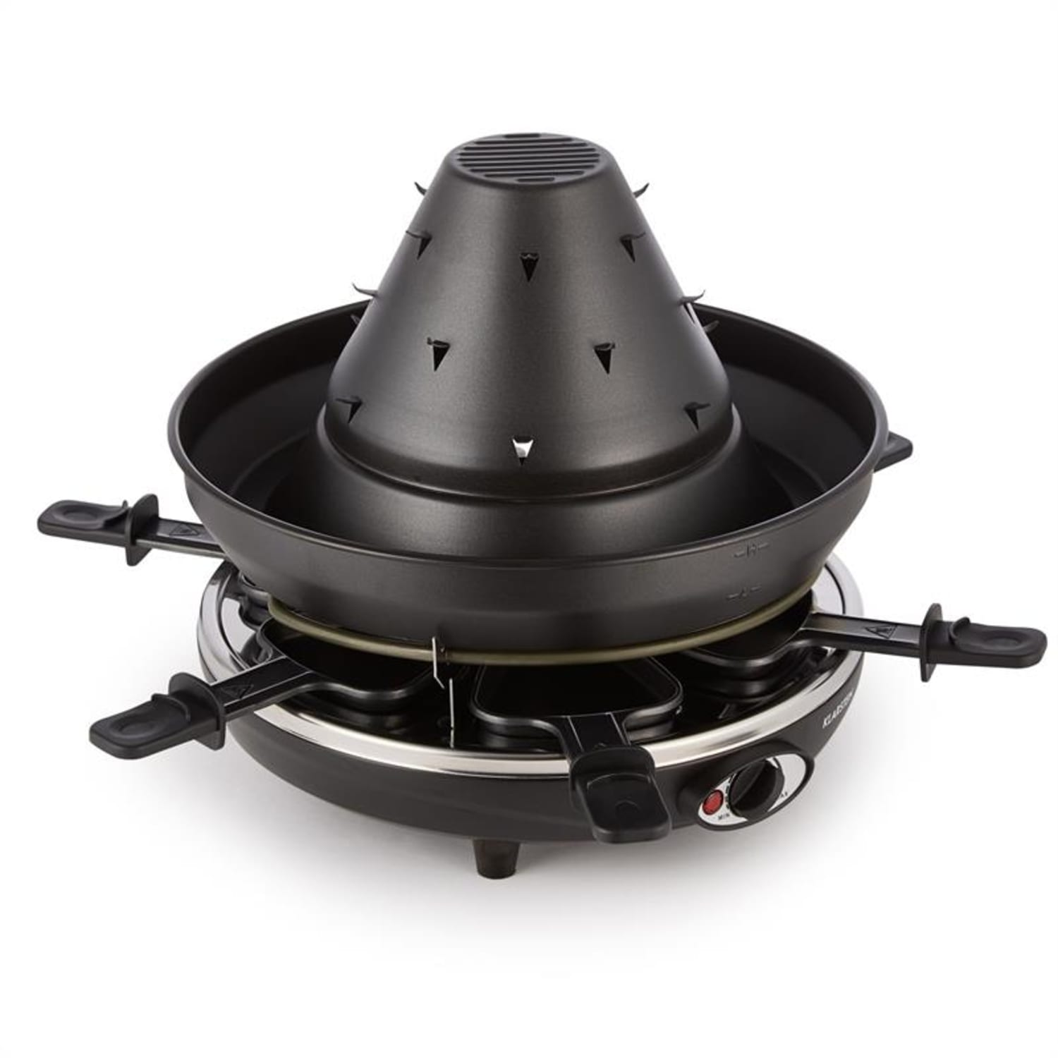 Schwarzer Raclette-Grill mit zentralem Kegel und einzelnen Käsepfannen, Temperaturregler.