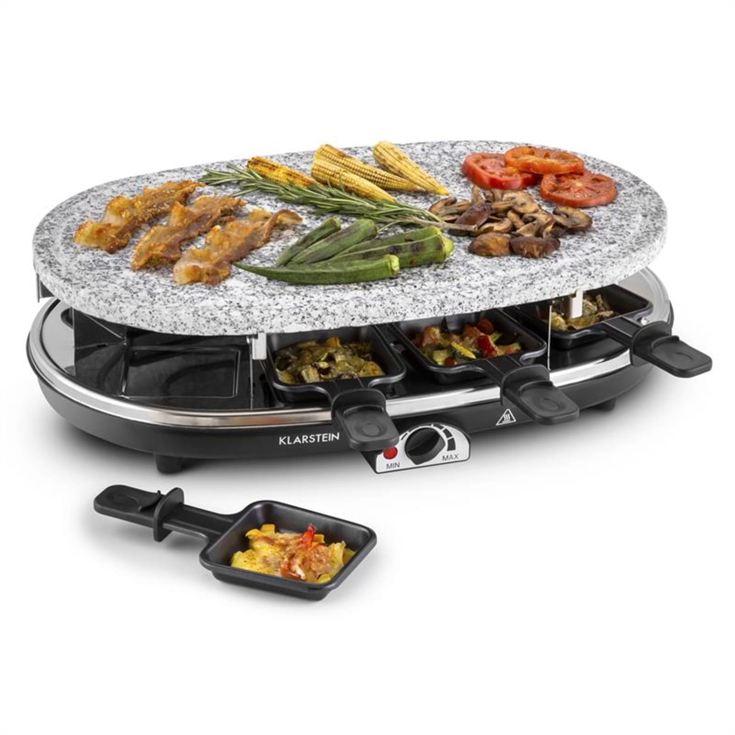 Griglia per raclette Klarstein con cibo sulla griglia e varie verdure e carne a lato.