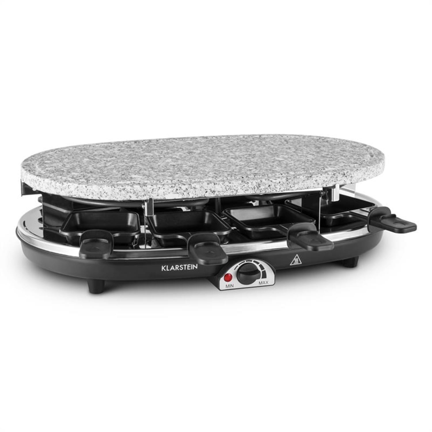 Griglia per raclette con superficie in pietra. Base nera con elementi riscaldanti e maniglie. Design minimalista.