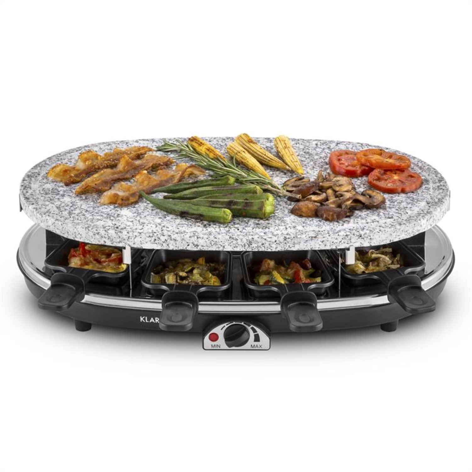 Griglia per raclette con cibo: verdure, mais e carni.