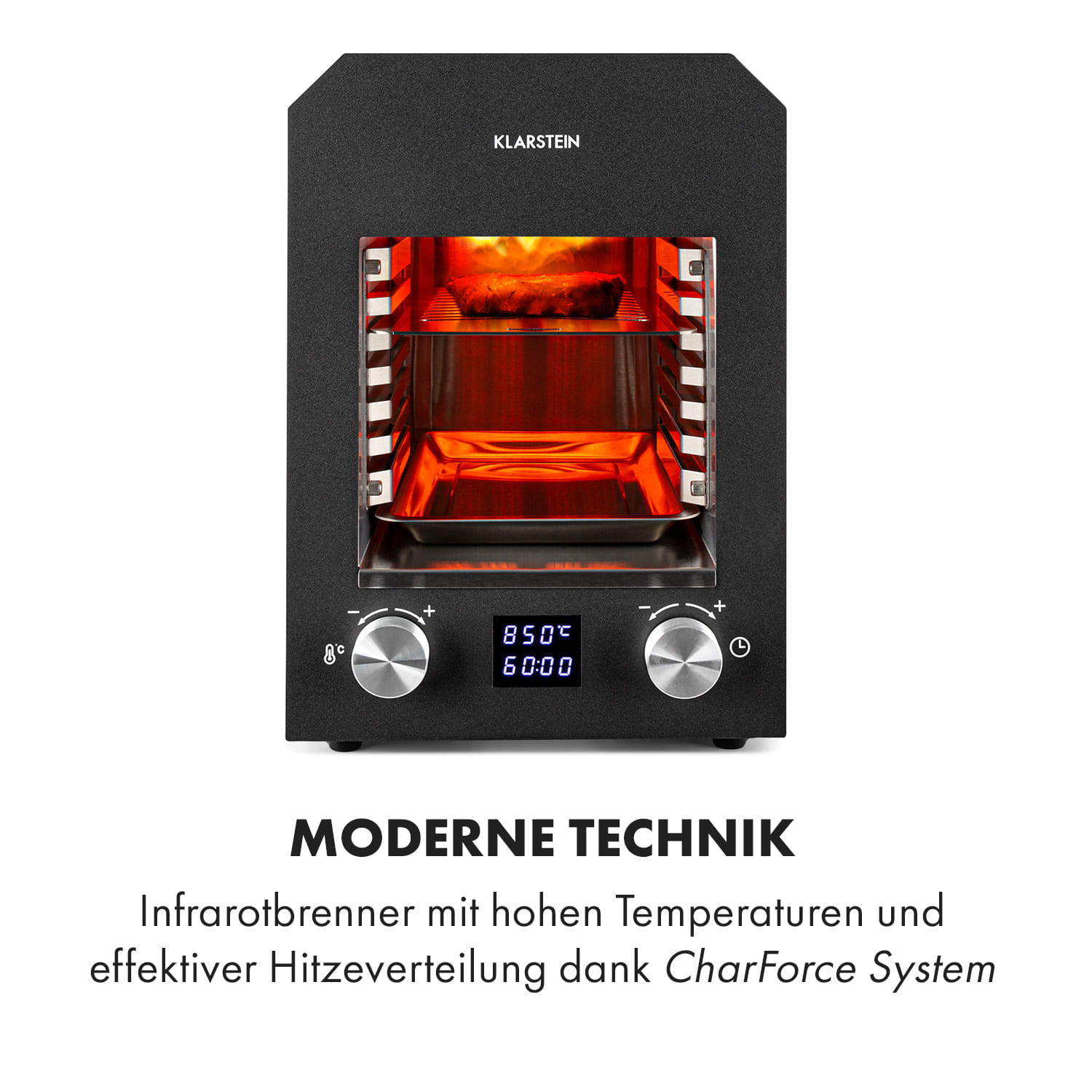 Schwarzer Ofen mit Digitalanzeige. Text: Moderne Technik, Infrarotbrenner mit hohen Temperaturen.