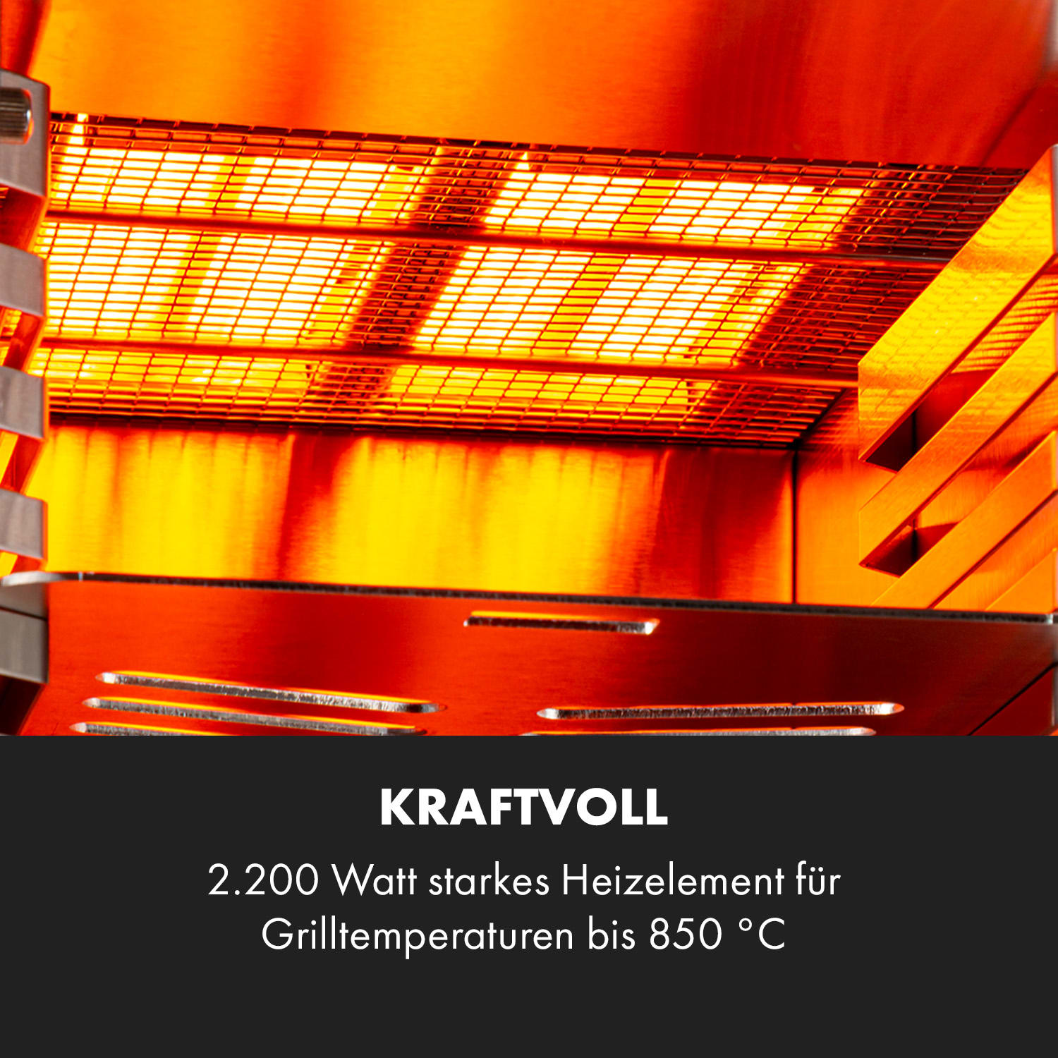 Nahaufnahme eines Grills mit rot-orangen Heizelementen und Text zur Leistung.