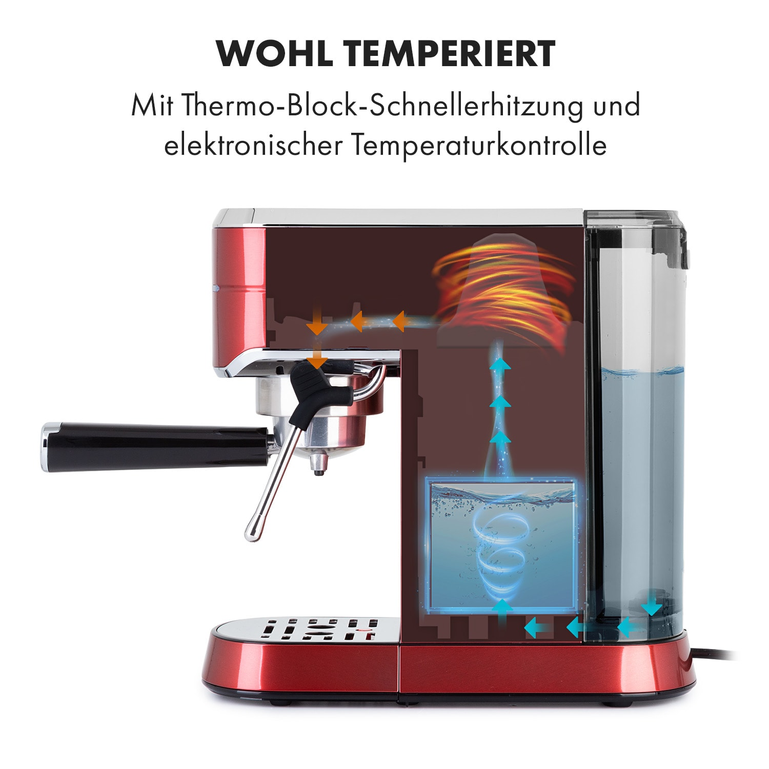 Eine rot-schwarze Espressomaschine mit einem Ausschnitt, der die inneren Komponenten zeigt.