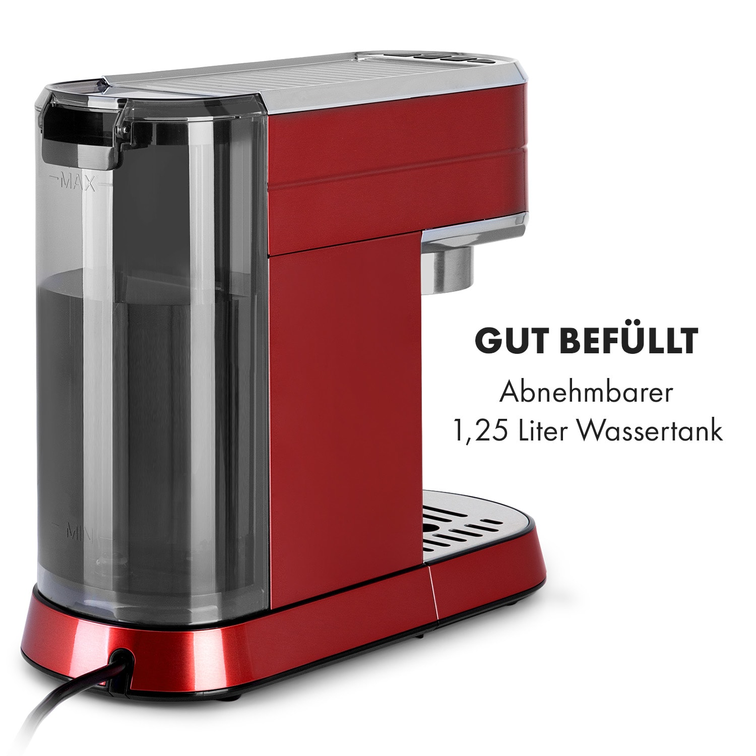 Rote Kaffeemaschine mit transparentem Wassertank. Text: 'Gut Befüllt' und '1,25 Liter Wassertank'.