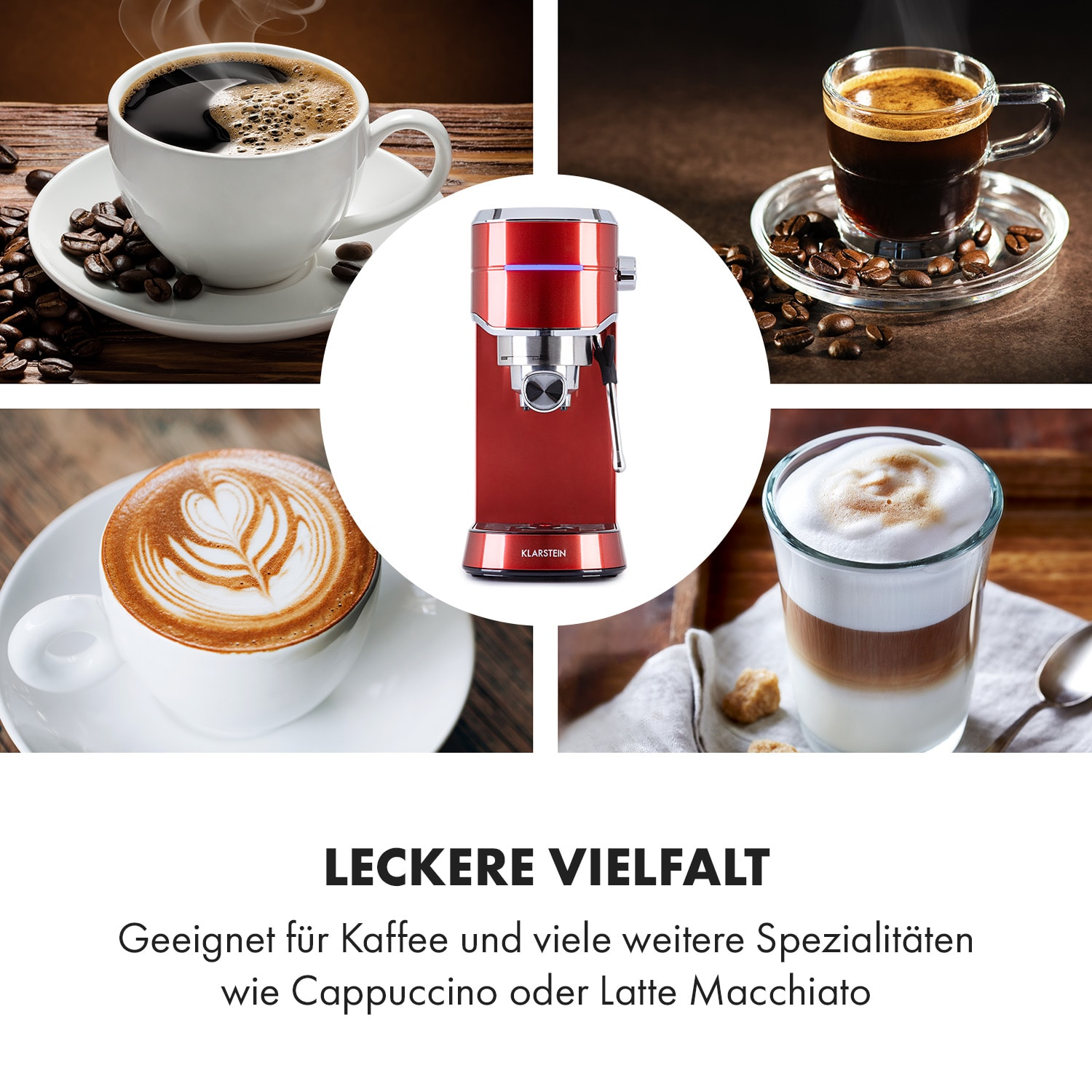 Eine Espressomaschine mit mehreren Kaffeebechern und Latte Art. Text sagt 'Leckere Vielfalt'.
